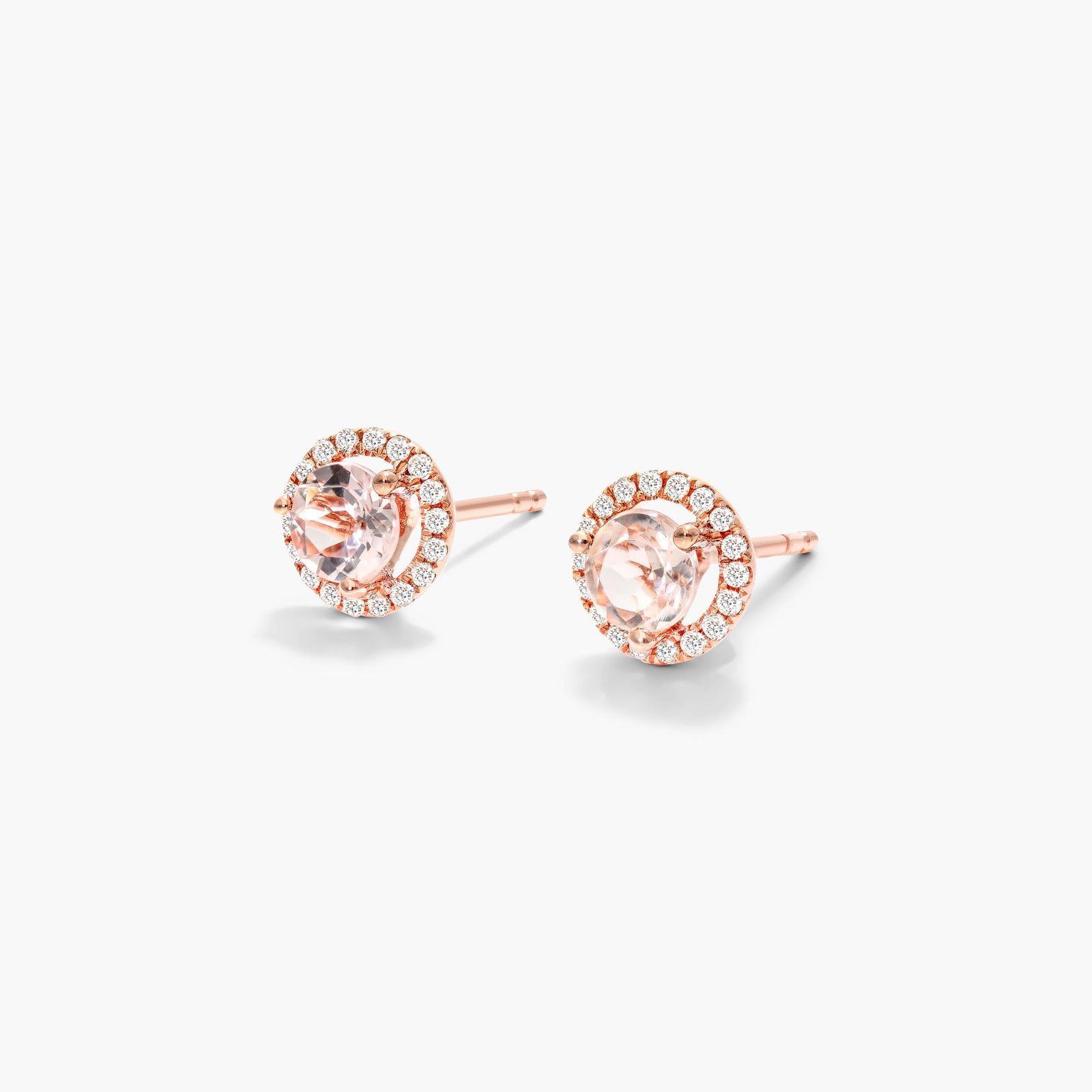Round Morganite And Diamond Halo Stud Earrings In 14K Rose Gold