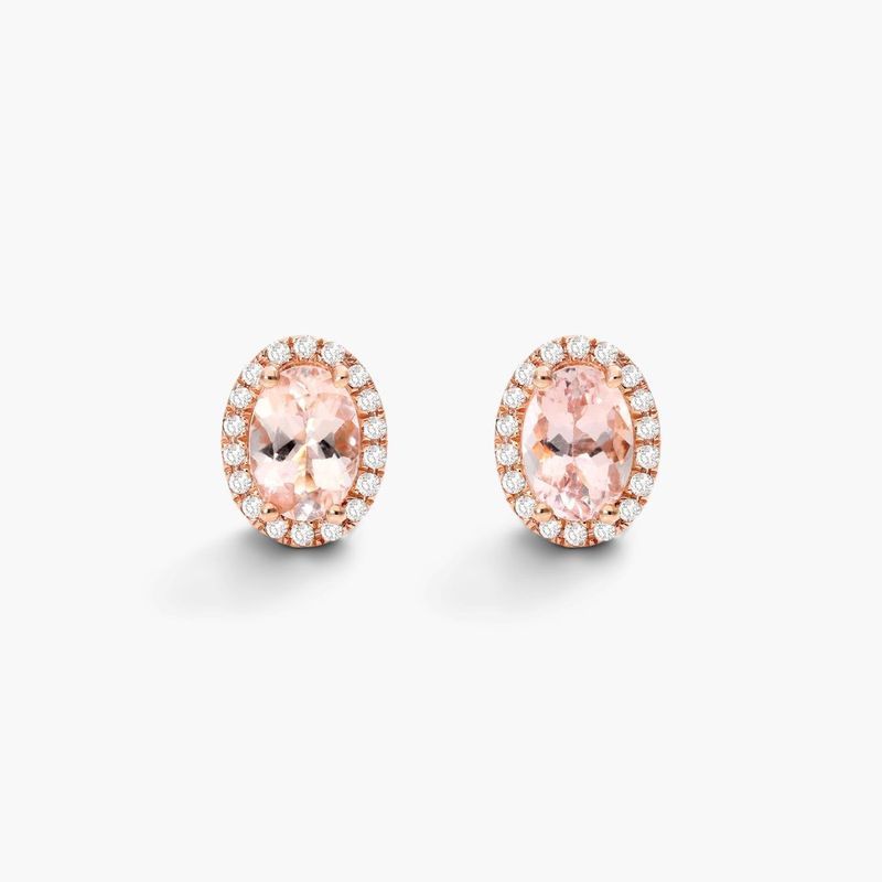 Oval Cut Morganite And Diamond Halo Stud Earrings In 14K Rose Gold