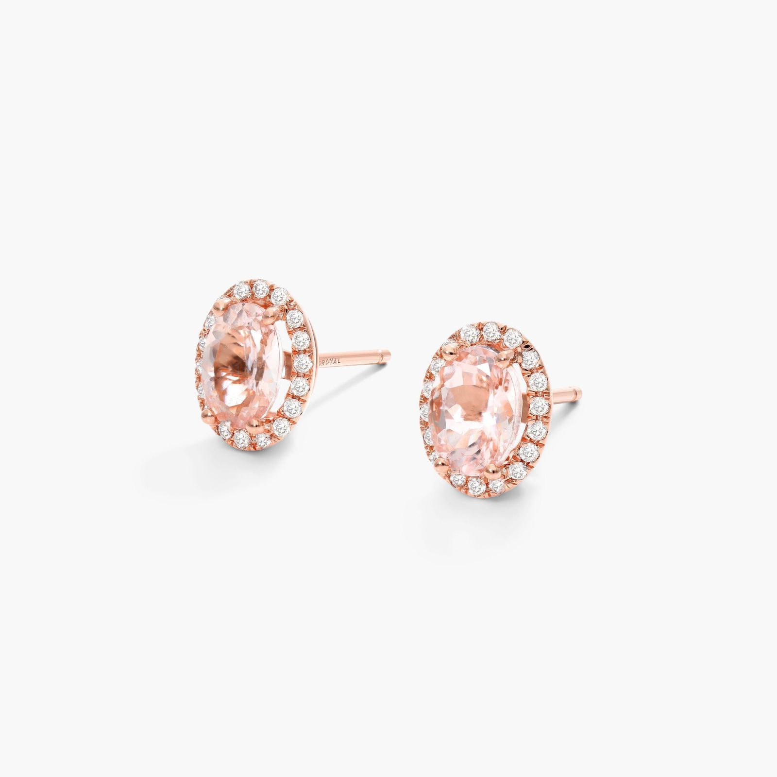 Oval Cut Morganite And Diamond Halo Stud Earrings In 14K Rose Gold