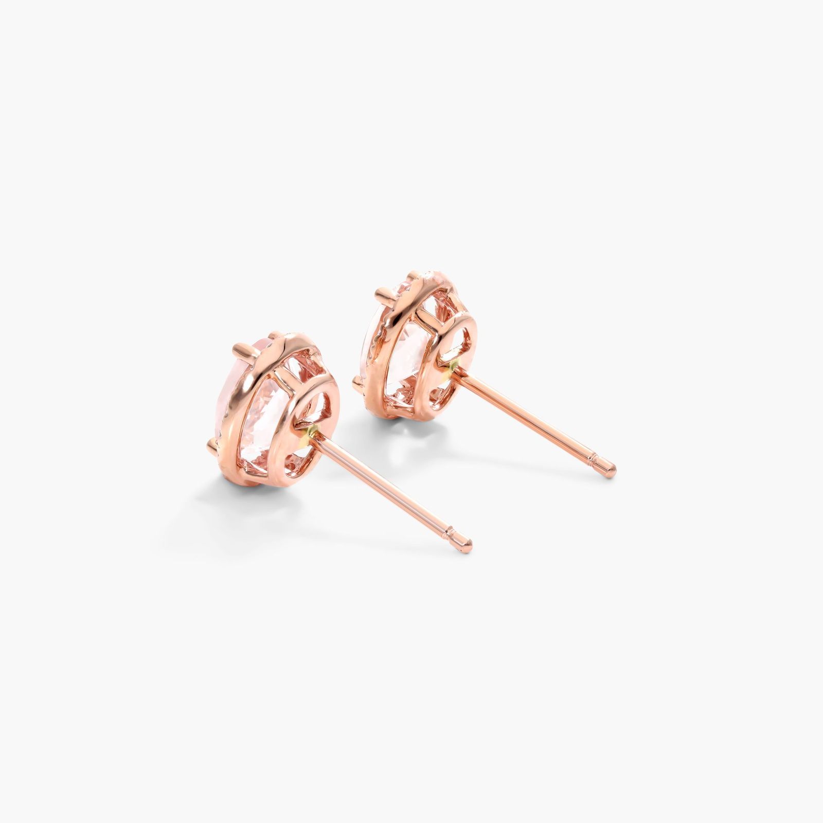 Oval Cut Morganite And Diamond Halo Stud Earrings In 14K Rose Gold