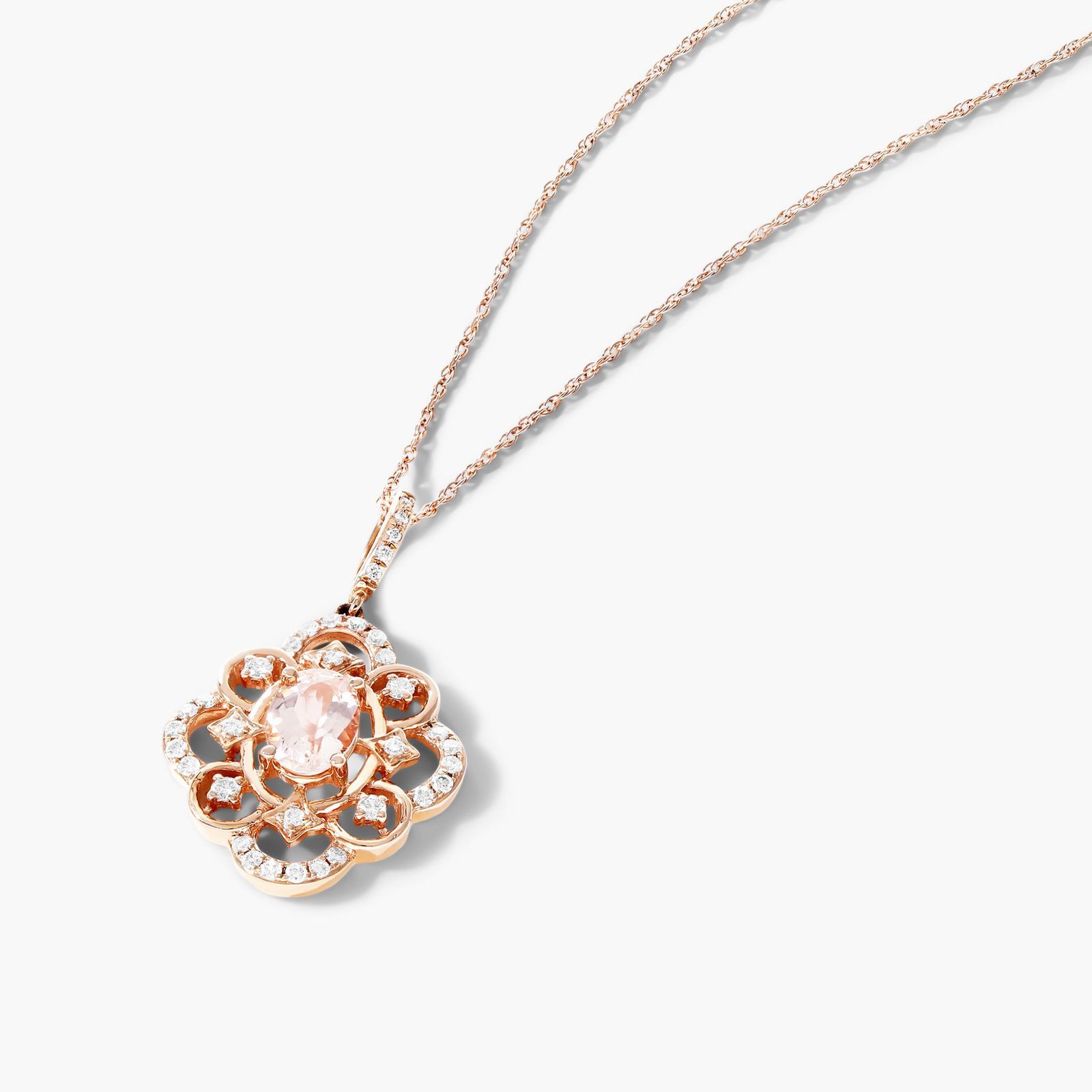 14K Rose Gold Vintage Halo Morganite and Diamond Necklace (7.0x5.0mm)