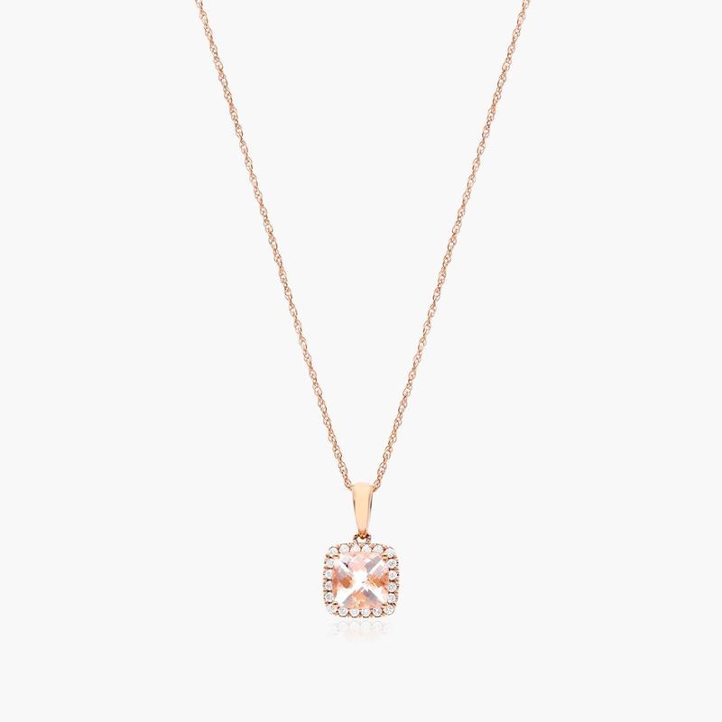 14K Rose Gold Cushion Halo Morganite and Diamond Necklace (6x6mm)