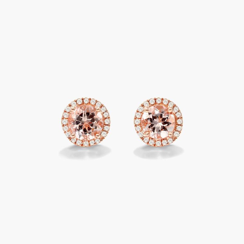 14K Rose Gold Round Halo Morganite and Diamond Stud Earrings (6mm)