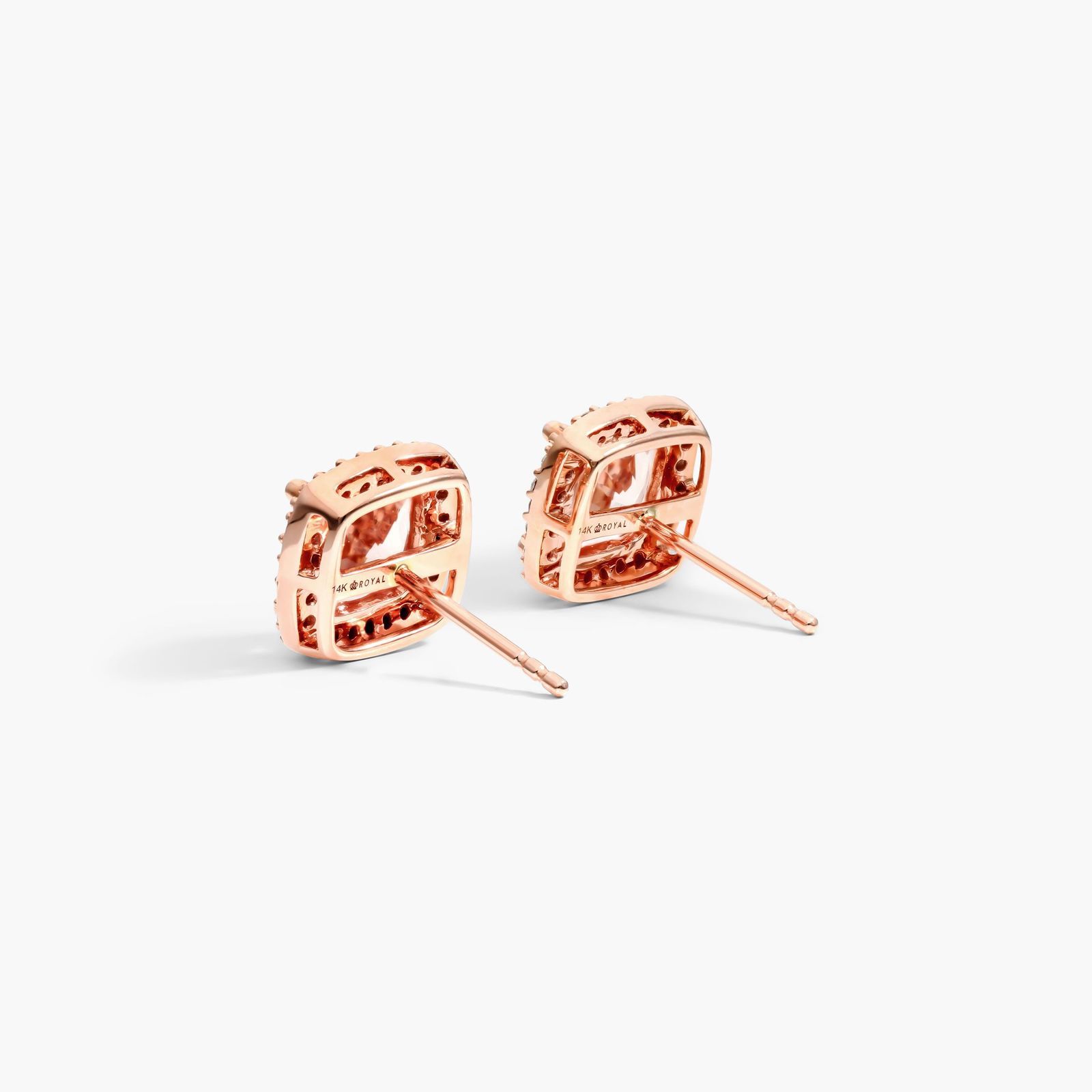 Cushion Cut Morganite And Diamond Halo Stud Earrings In 14K Rose Gold