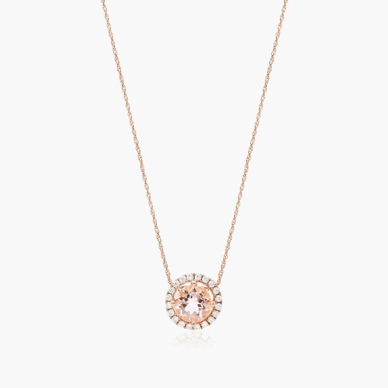 14K Rose Gold Round Halo Morganite and Diamond Necklace (5.0mm)