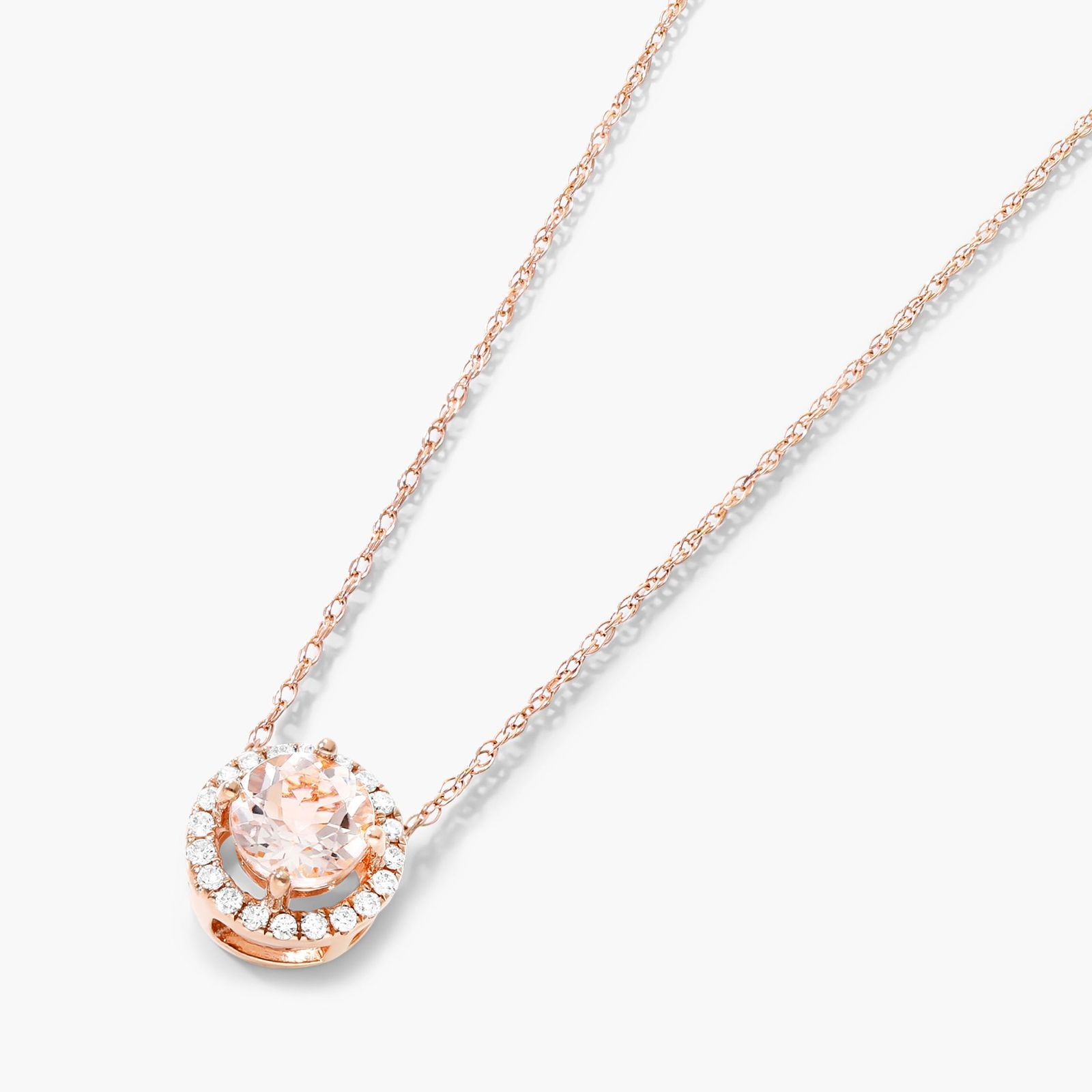14K Rose Gold Round Halo Morganite and Diamond Necklace (5.0mm)