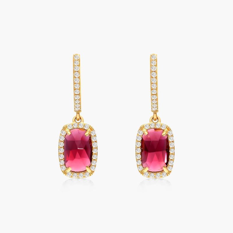 Elongated Cushion Cut Garnet And Diamond Halo Drop Earrings In 14K Yellow Gold