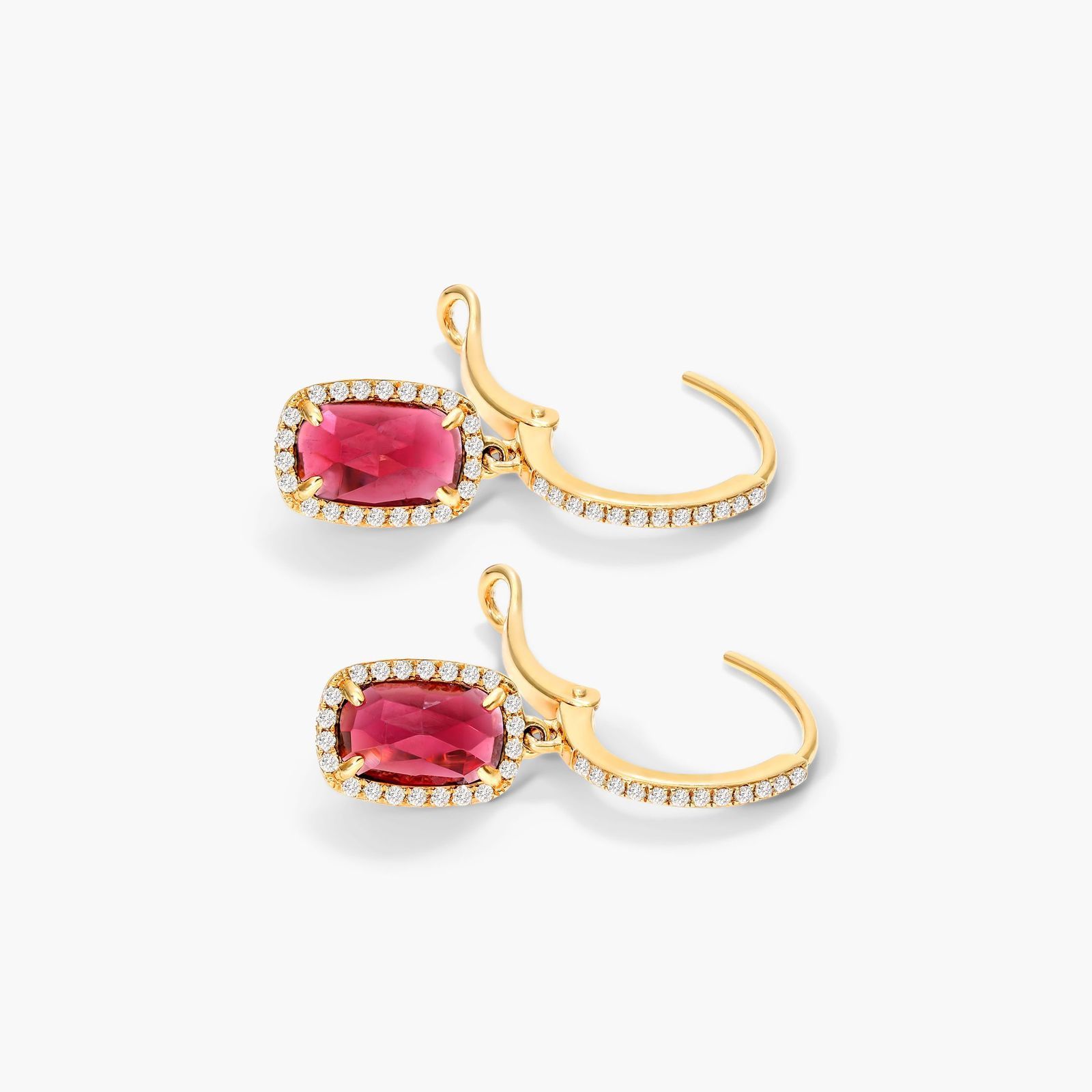 Elongated Cushion Cut Garnet And Diamond Halo Drop Earrings In 14K Yellow Gold