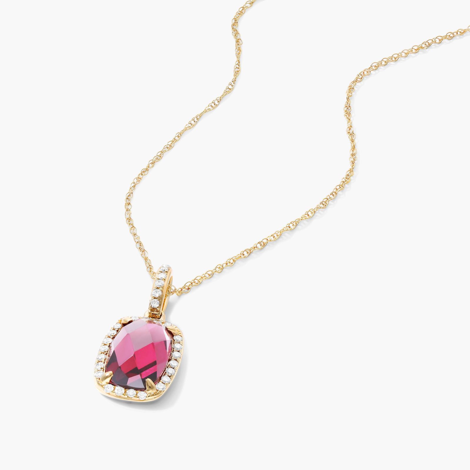 14K Yellow Gold Elongated Cushion Halo Garnet and Diamond Necklace (9.0x6.0mm)