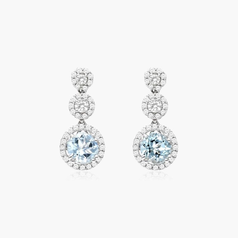 Graduated Round Aquamarine Trio And Diamond Halo Drop Earrings In 14K White Gold