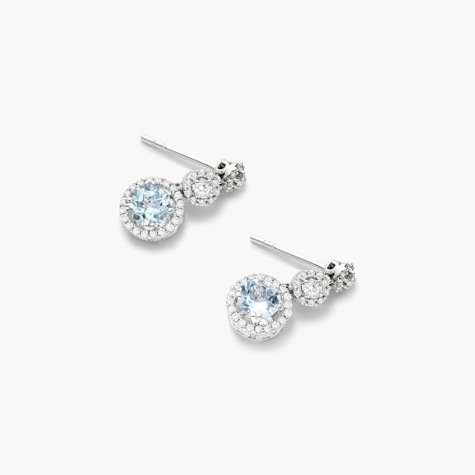 Graduated Round Aquamarine Trio And Diamond Halo Drop Earrings In 14K White Gold