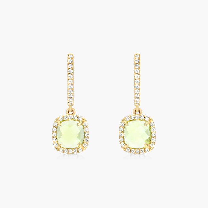 Cushion Cut Peridot And Diamond Halo Drop Earrings In 14K Yellow Gold