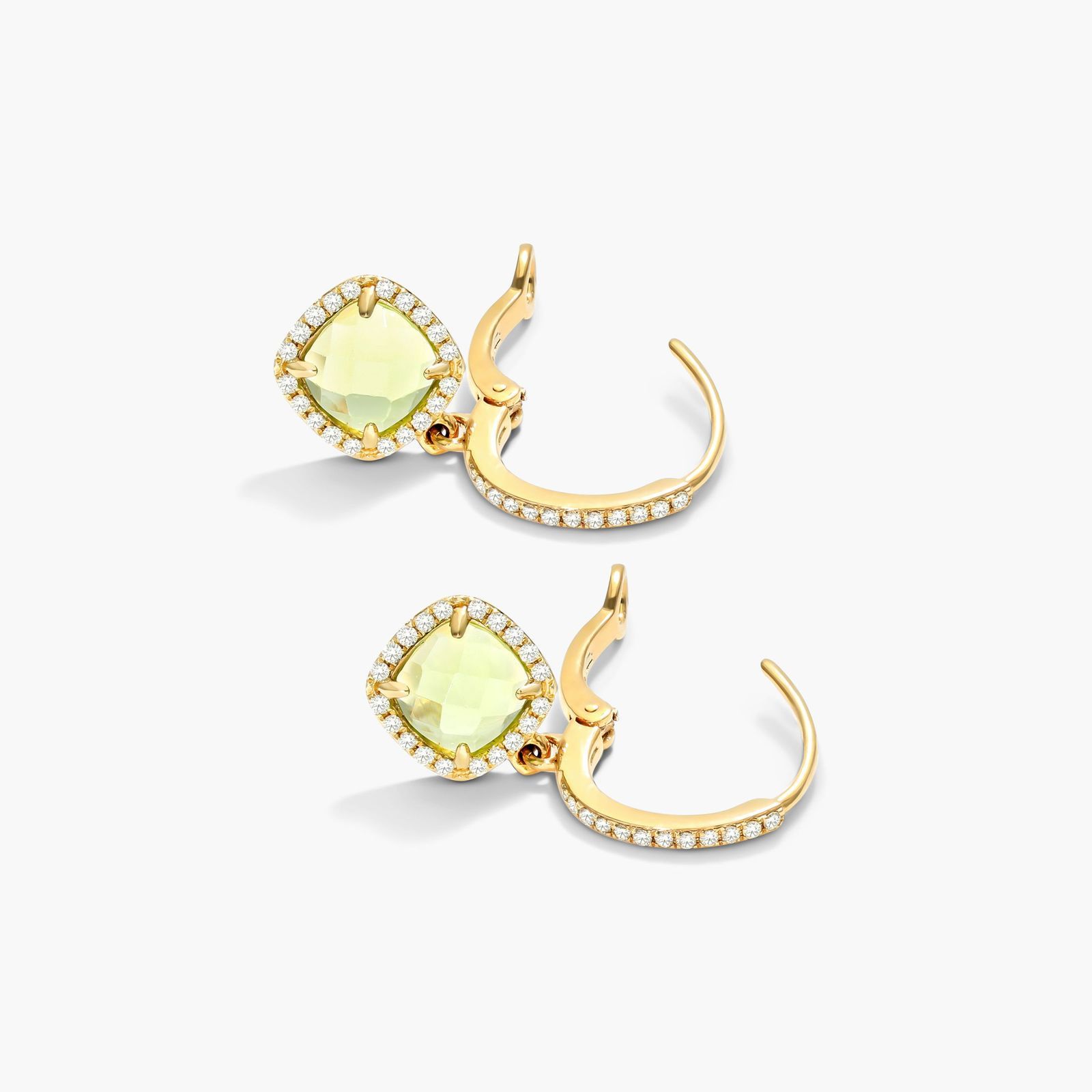 Cushion Cut Peridot And Diamond Halo Drop Earrings In 14K Yellow Gold