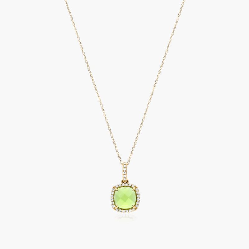 14k Yellow Gold Cushion Halo Peridot and Diamond Necklace (7.0x7.0mm)