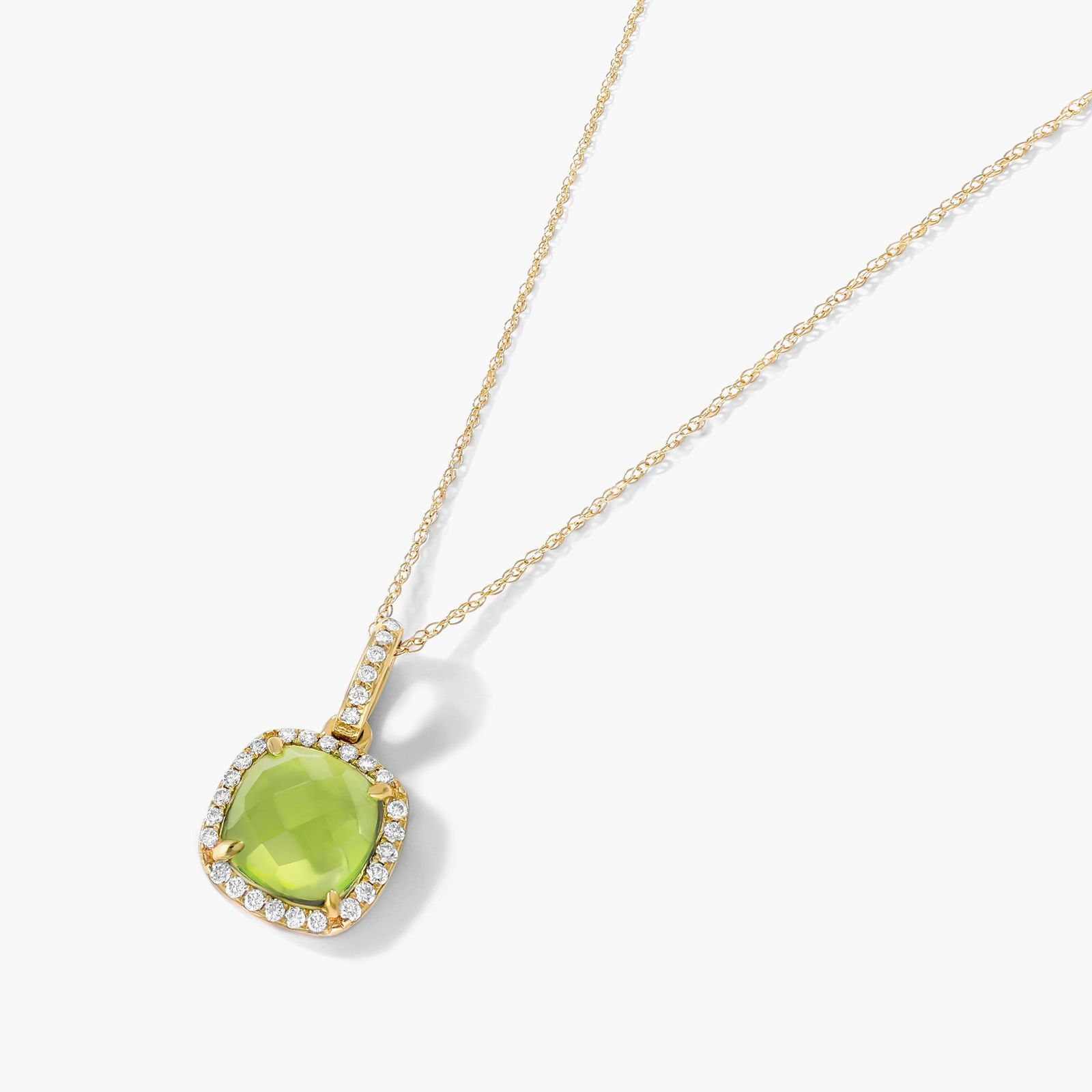 14k Yellow Gold Cushion Halo Peridot and Diamond Necklace (7.0x7.0mm)