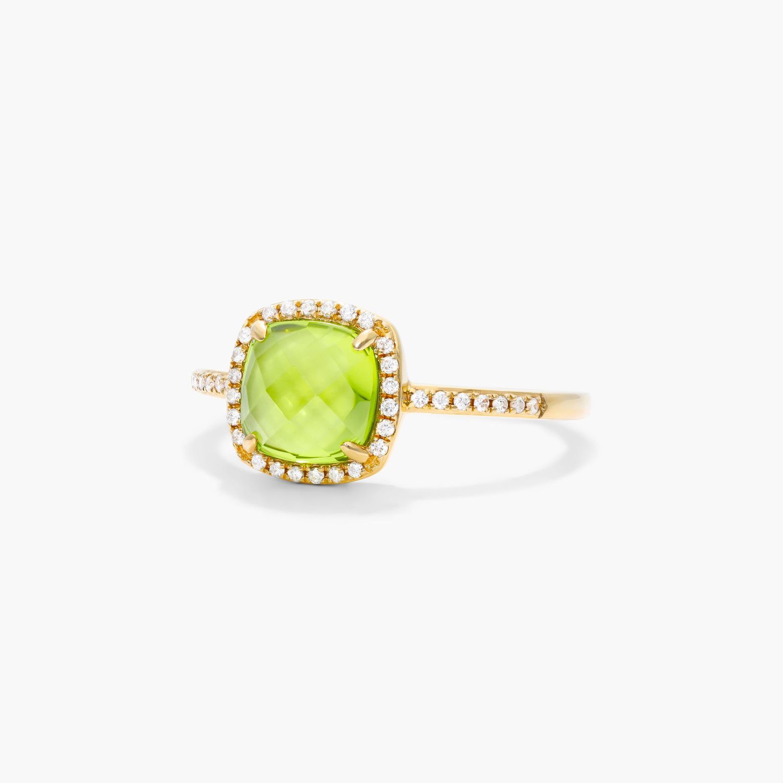 14k Yellow Gold Cushion Halo Peridot and Diamond Ring (7.0x7.0mm)