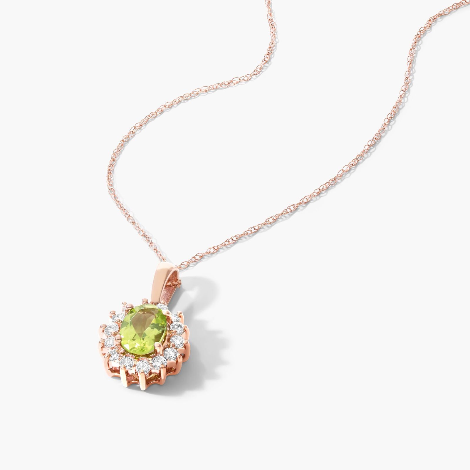 14K Rose Gold Oval Halo Peridot and Diamond Necklace (7.0x5.0mm)