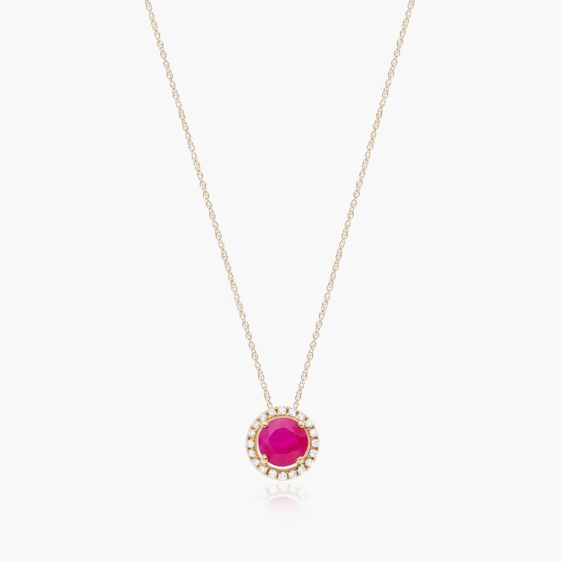 14K Yellow Gold Round Halo Ruby and Diamond Necklace (5.0mm)