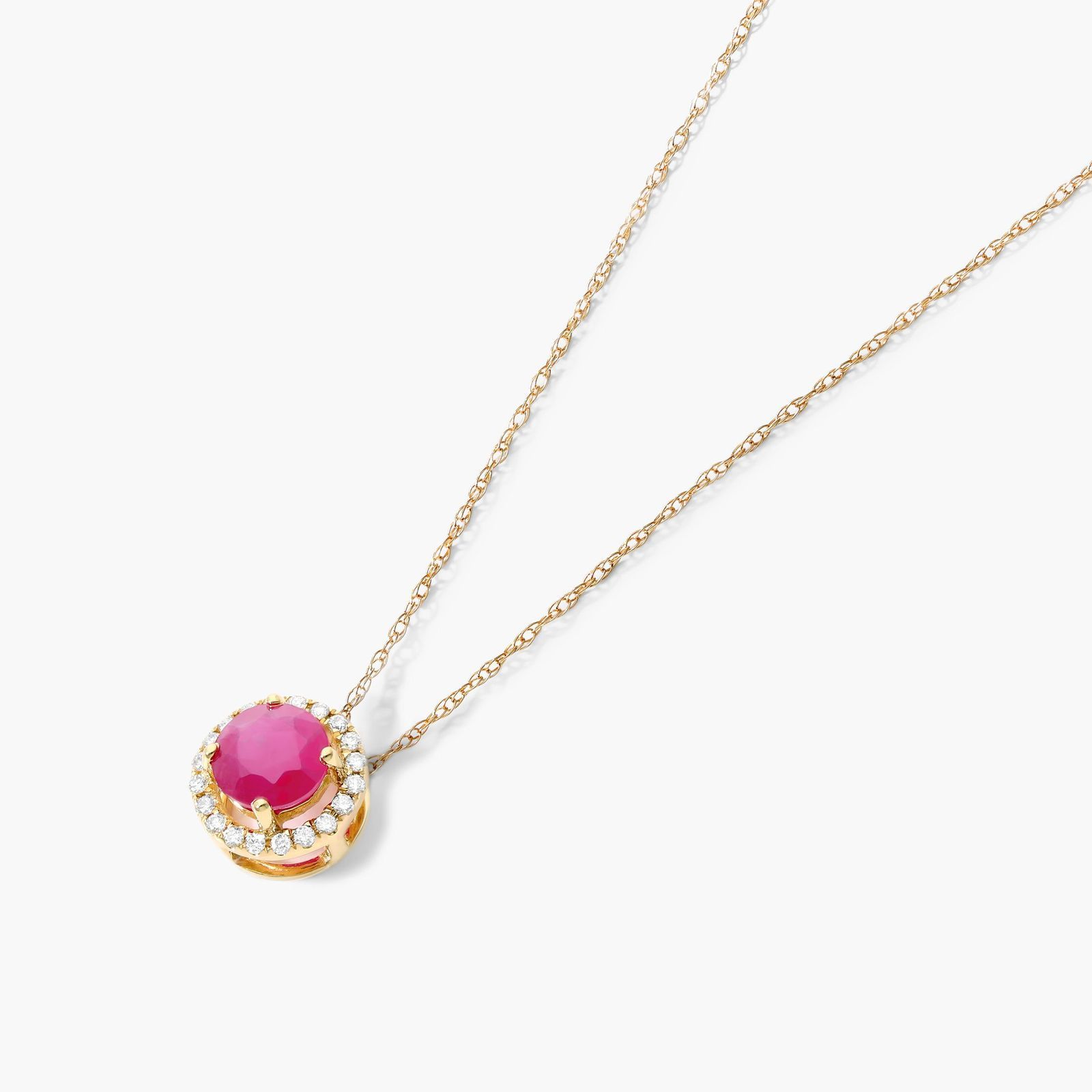 14K Yellow Gold Round Halo Ruby and Diamond Necklace (5.0mm)