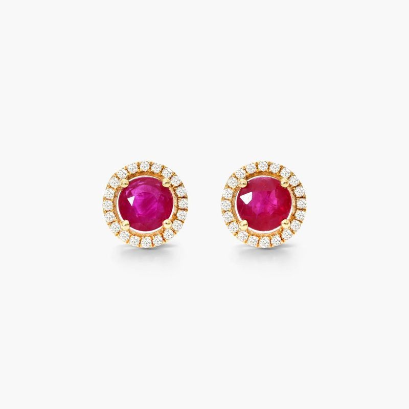 Round Ruby And Diamond Halo Stud Earrings In 14K Yellow Gold