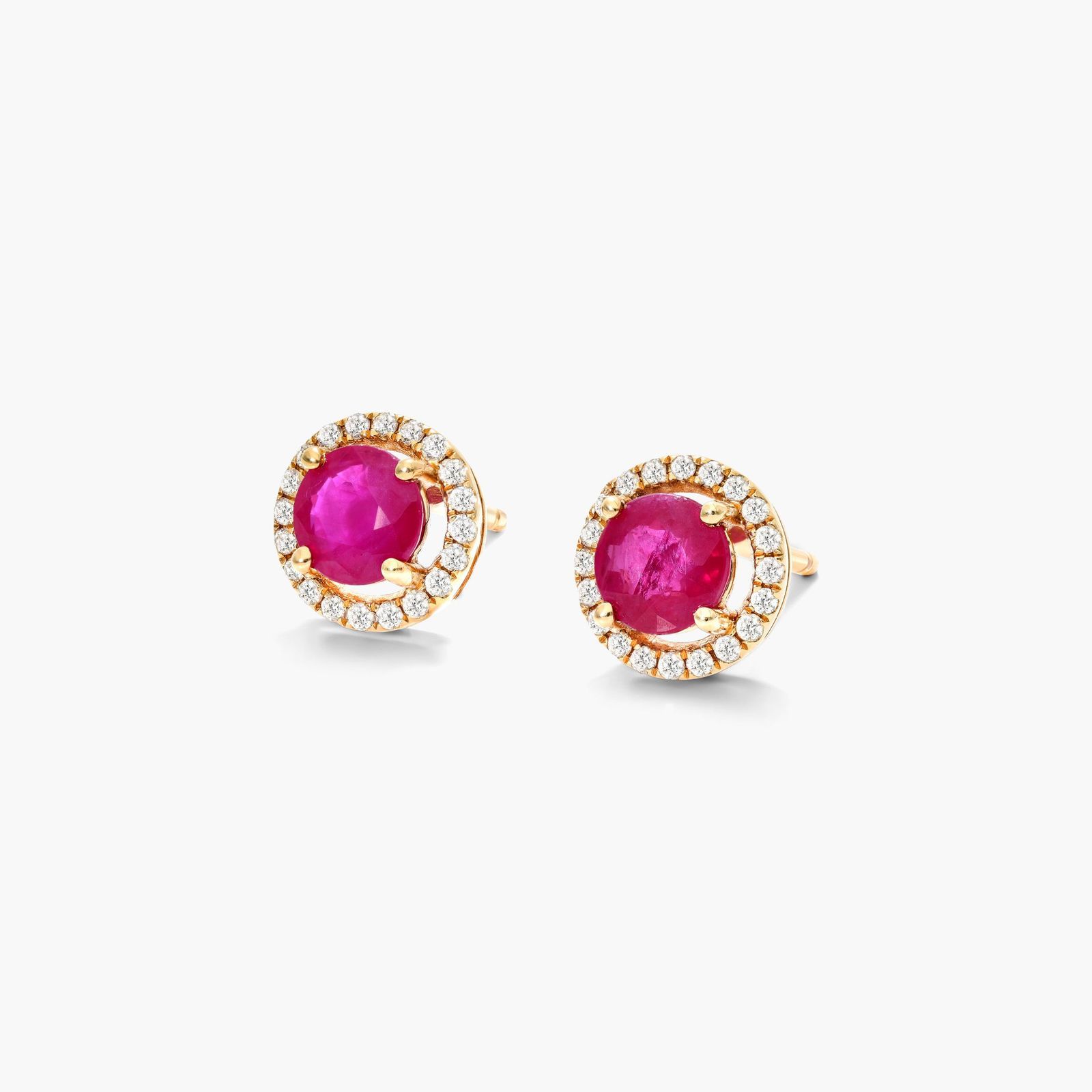 Round Ruby And Diamond Halo Stud Earrings In 14K Yellow Gold