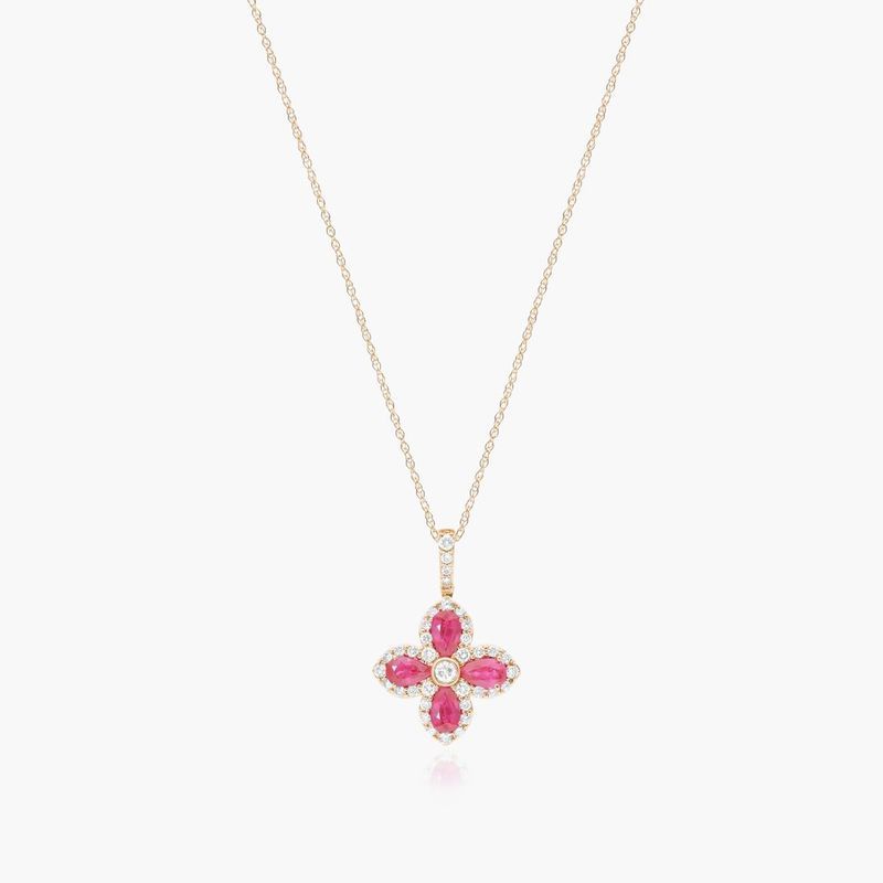 14K Yellow Gold Lily Motif Ruby and Diamond Necklace