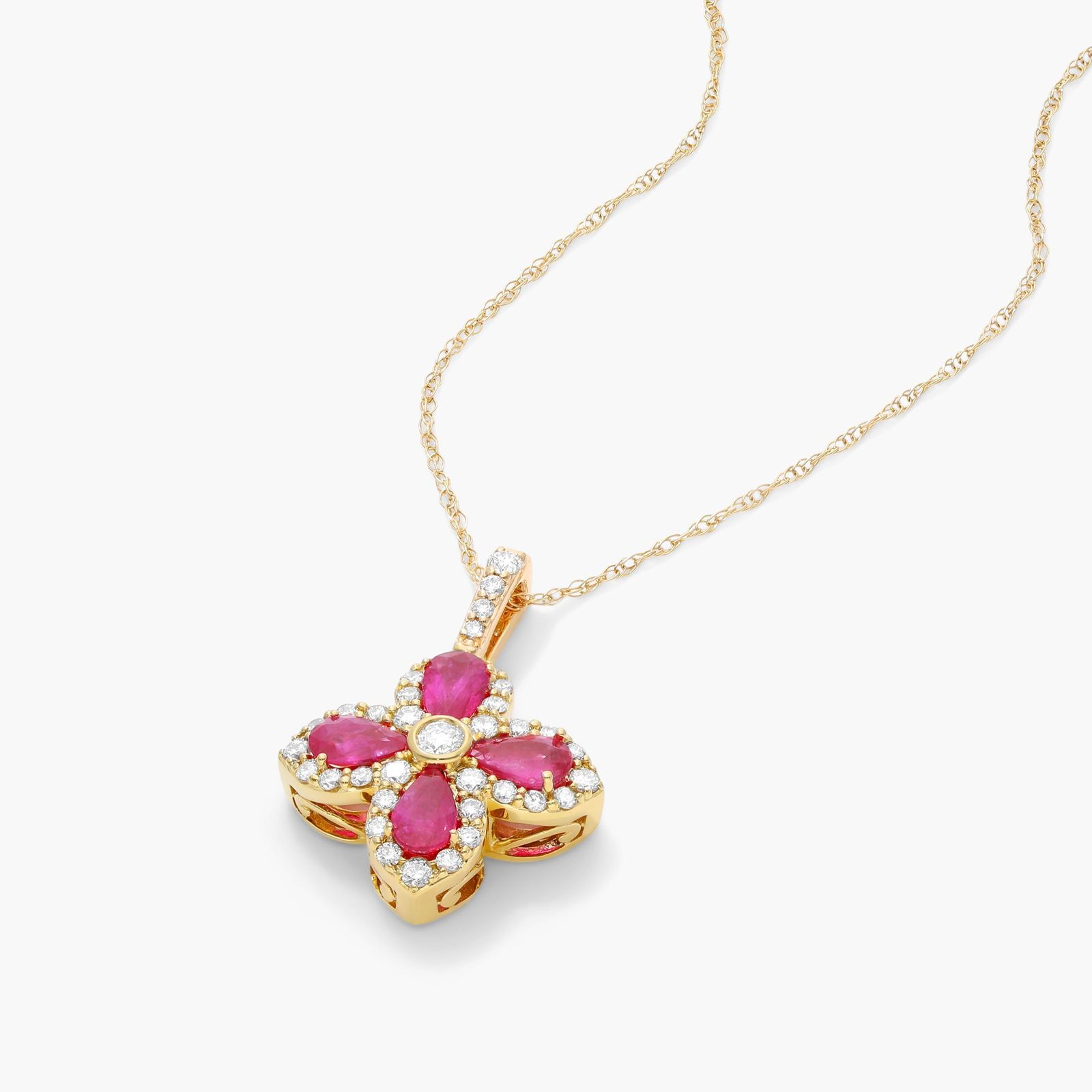 14K Yellow Gold Lily Motif Ruby and Diamond Necklace