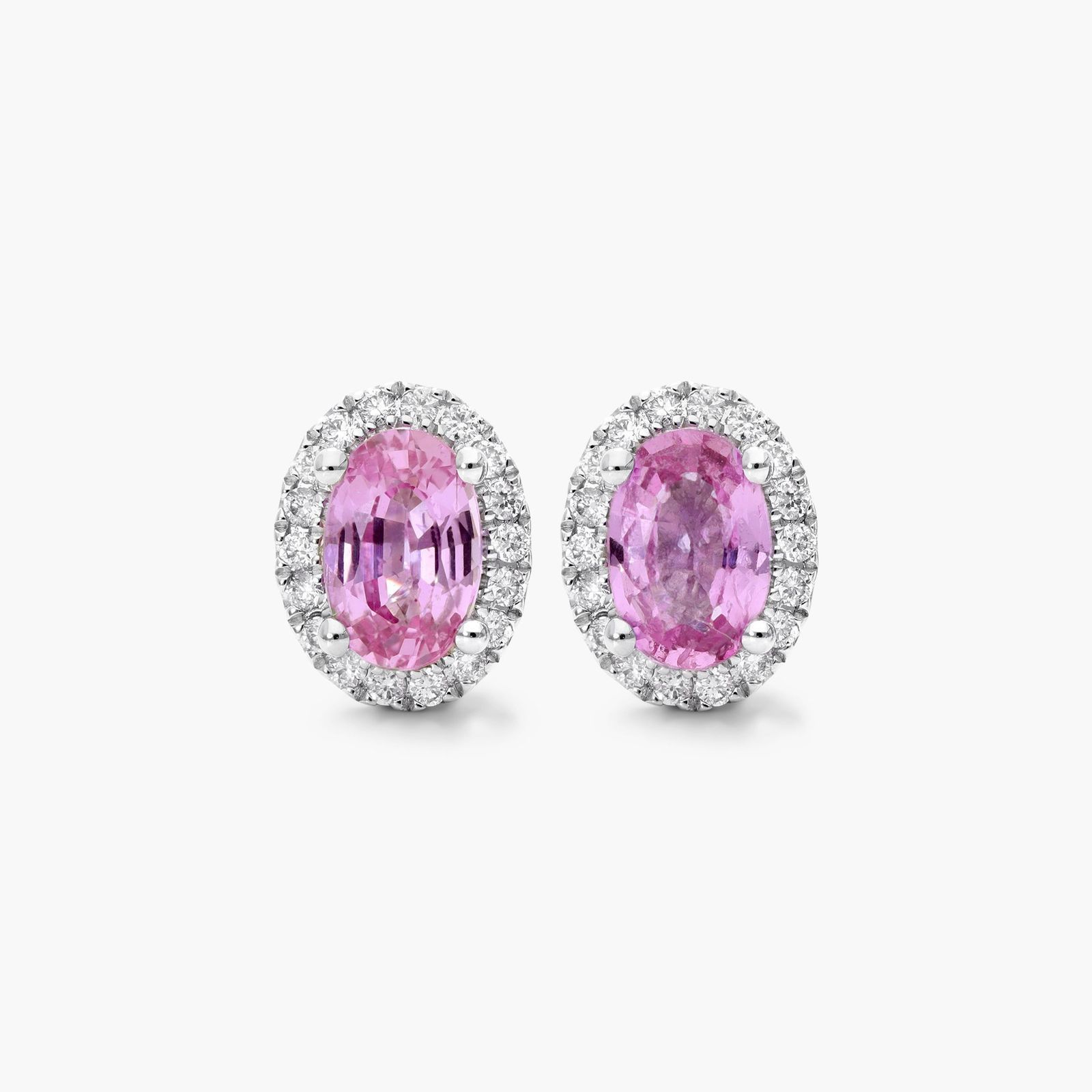 Oval Cut Pink Sapphire And Diamond Halo Earrings In 18K