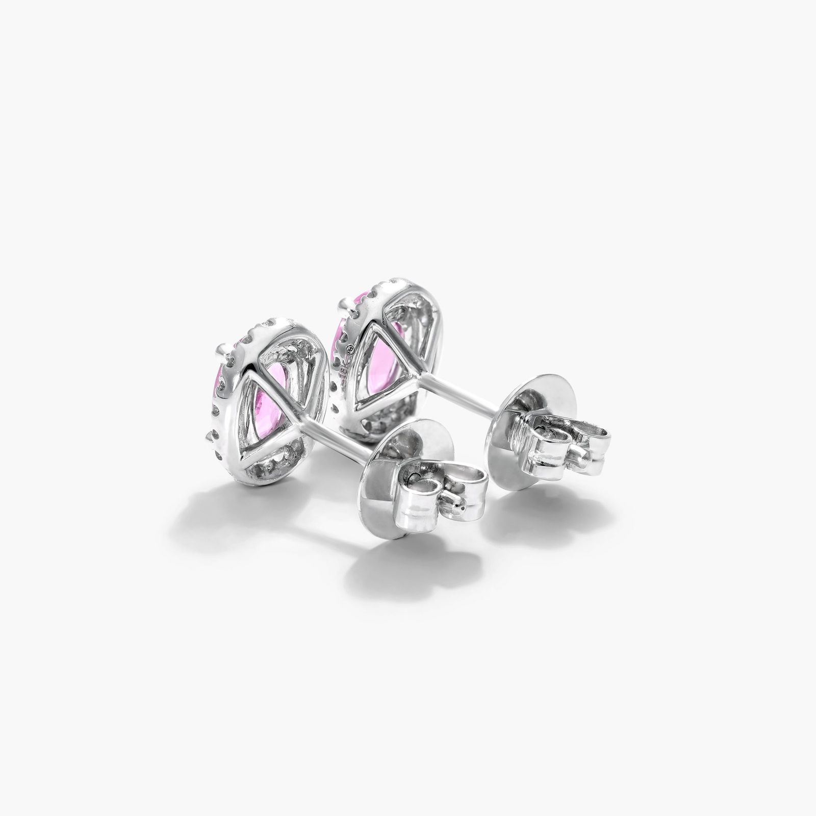 Oval Cut Pink Sapphire And Diamond Halo Earrings In 18K White Gold