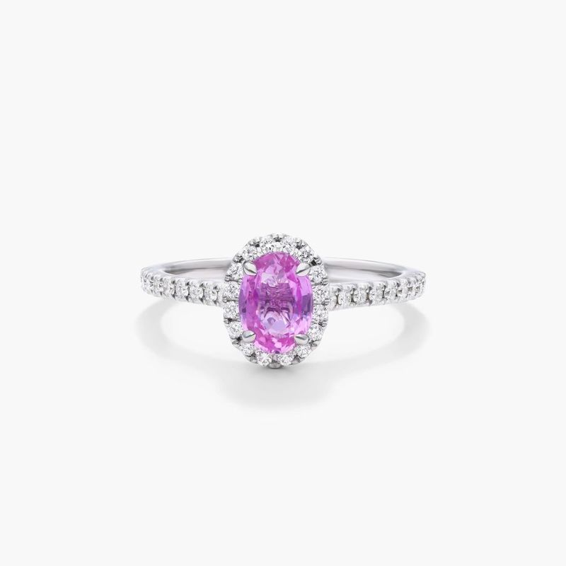Oval Halo Pink Sapphire And Diamond Ring In 18K White Gold