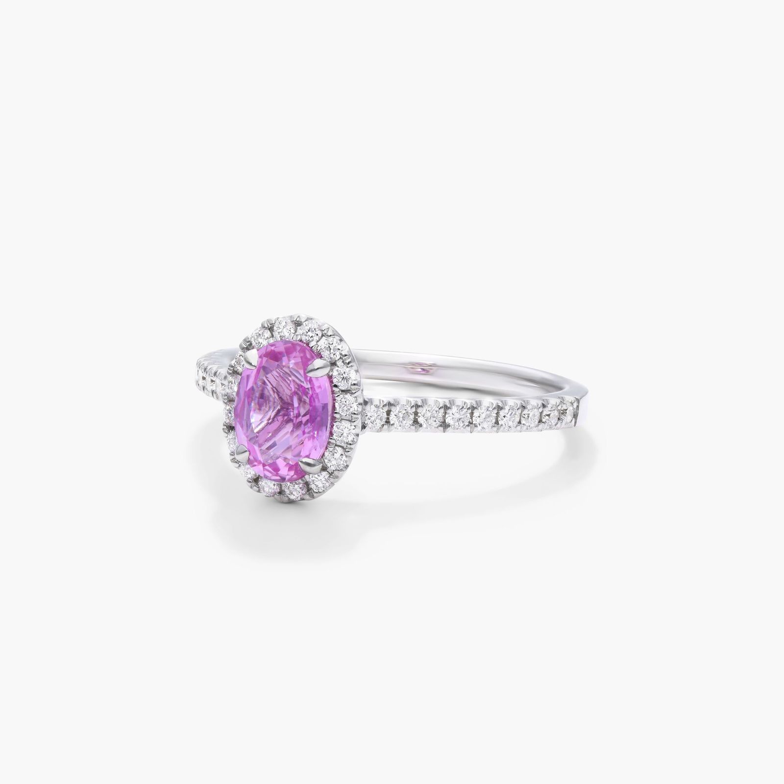 Oval Halo Pink Sapphire And Diamond Ring In 18K White Gold