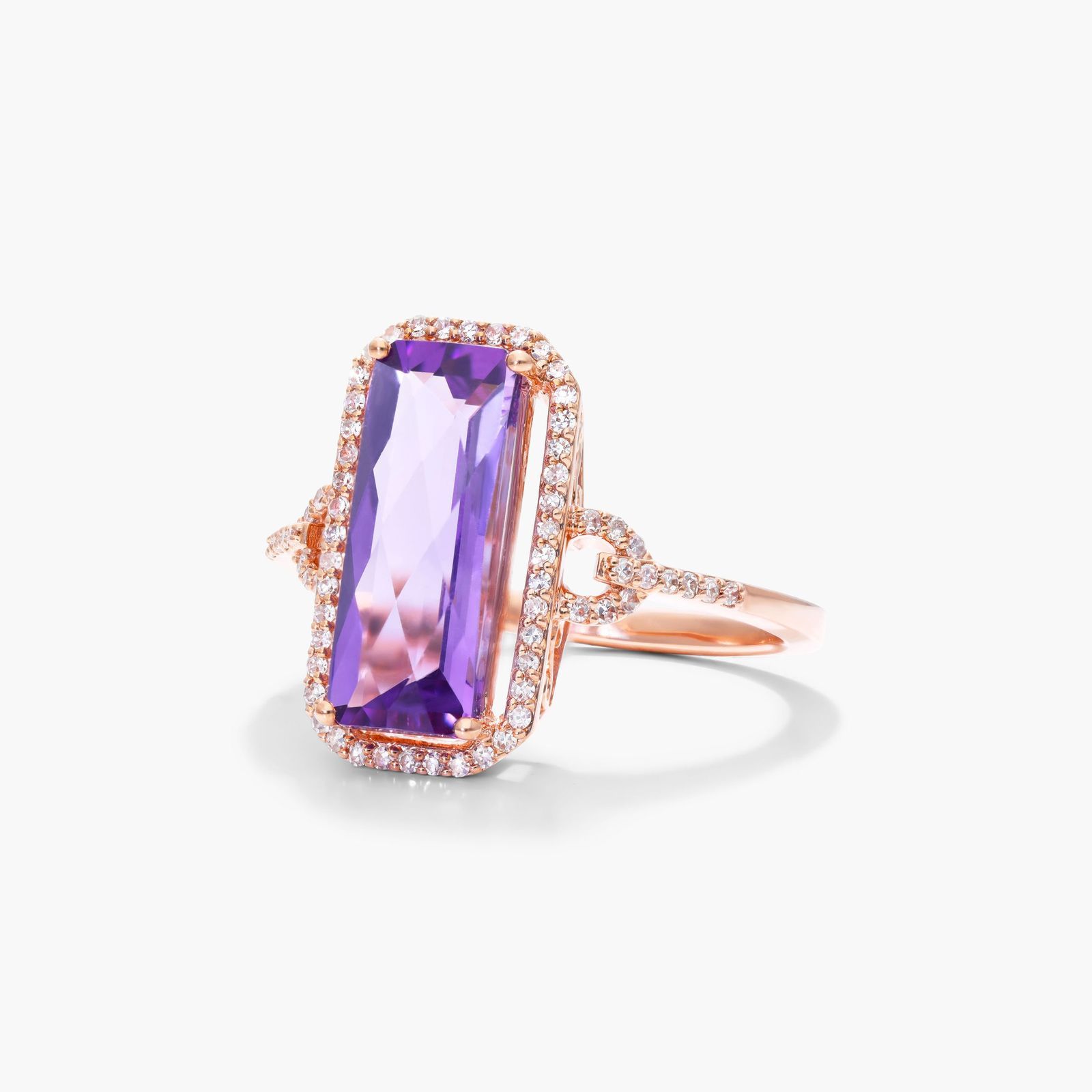 Emerald Cut Amethyst And Diamond Halo Cocktail Ring In 14K Rose Gold