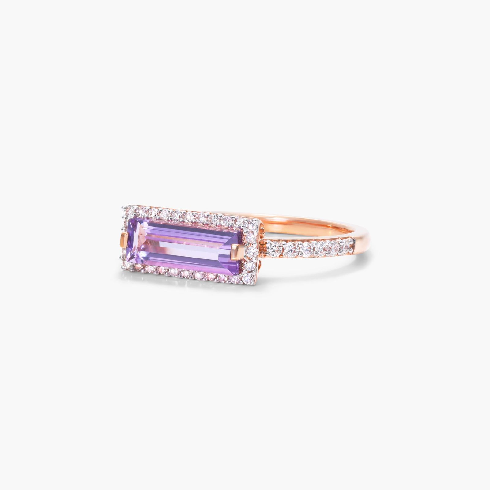 East-West Emerald Cut Amethyst And Diamond Halo Bar Ring In 14K Rose Gold