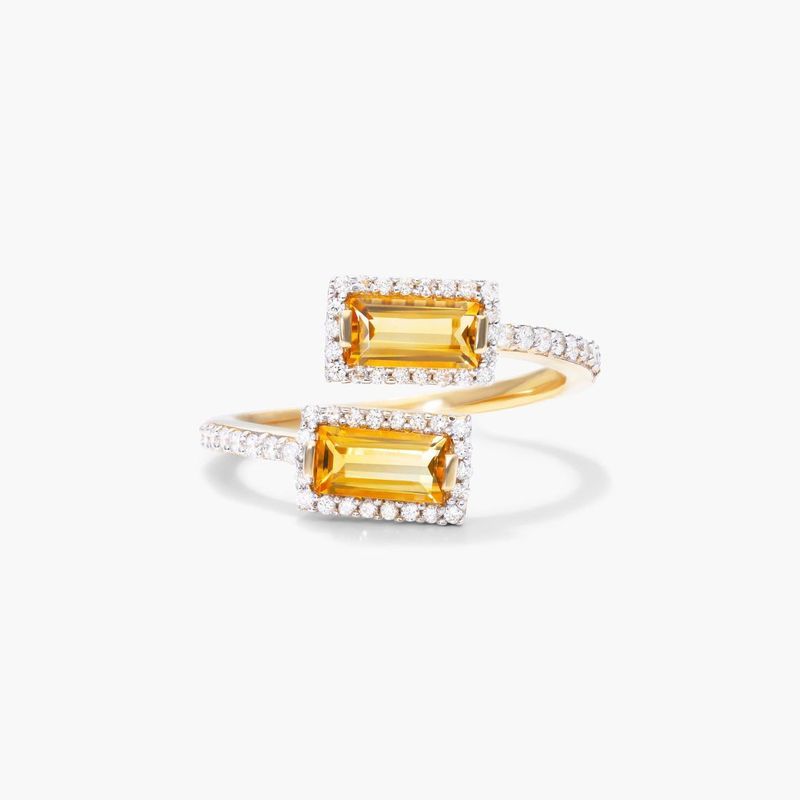 Emerald Cut Citrine And Diamond Halo Bypass Ring In 14K Yellow Gold