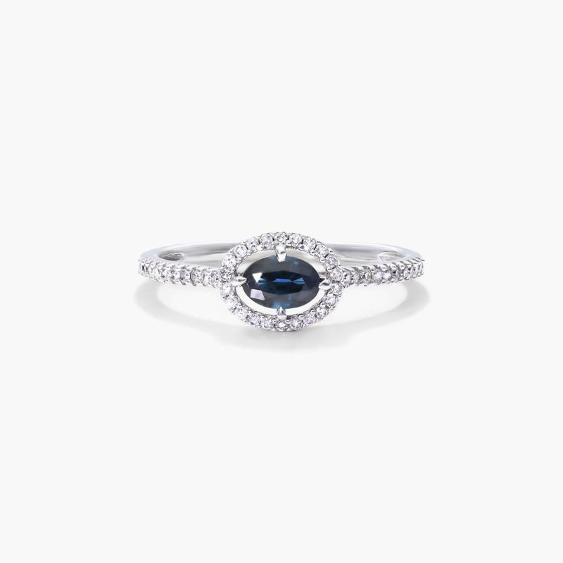 East-West Sapphire And Diamond Floating Halo Ring In 14K White Gold