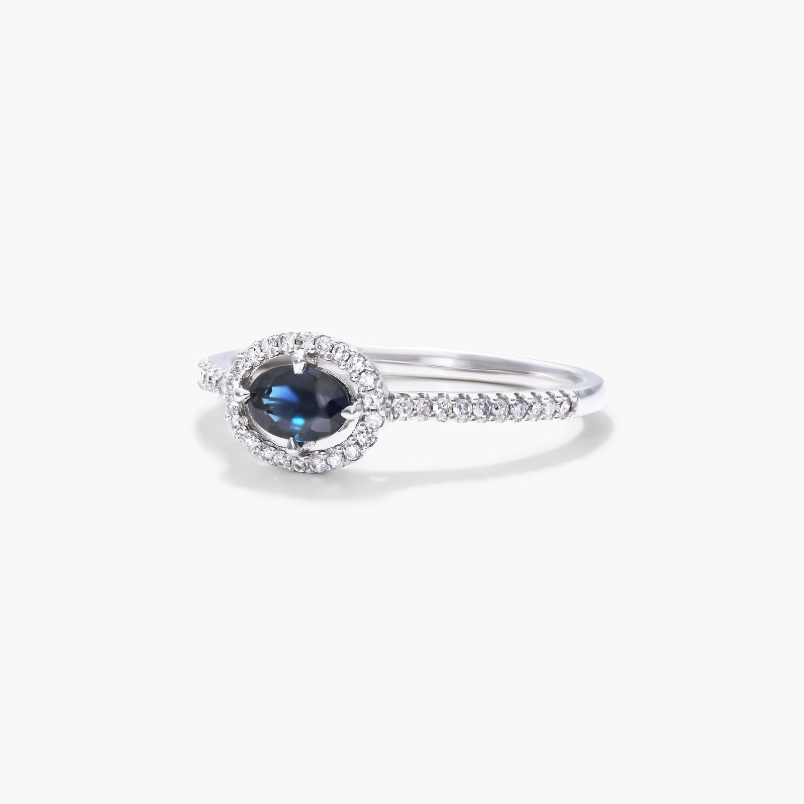 East-West Sapphire And Diamond Floating Halo Ring In 14K White Gold