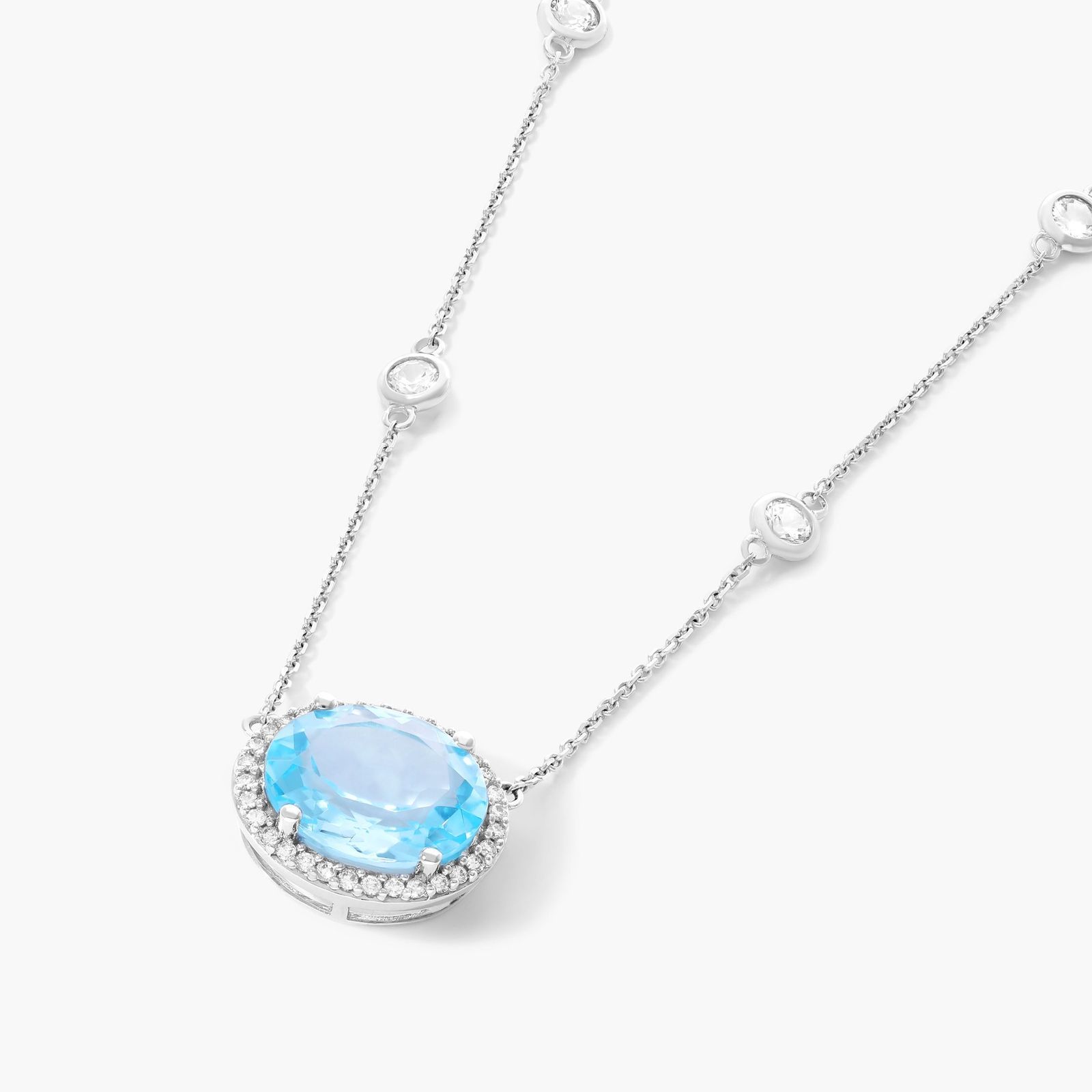 14K White Gold Blue Topaz, Diamond and White Sapphire Station Necklace (12.0x10.0mm)