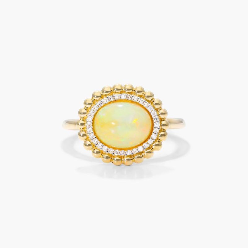 Opal And Diamond Beaded Double Halo Ring In 14K Yellow Gold