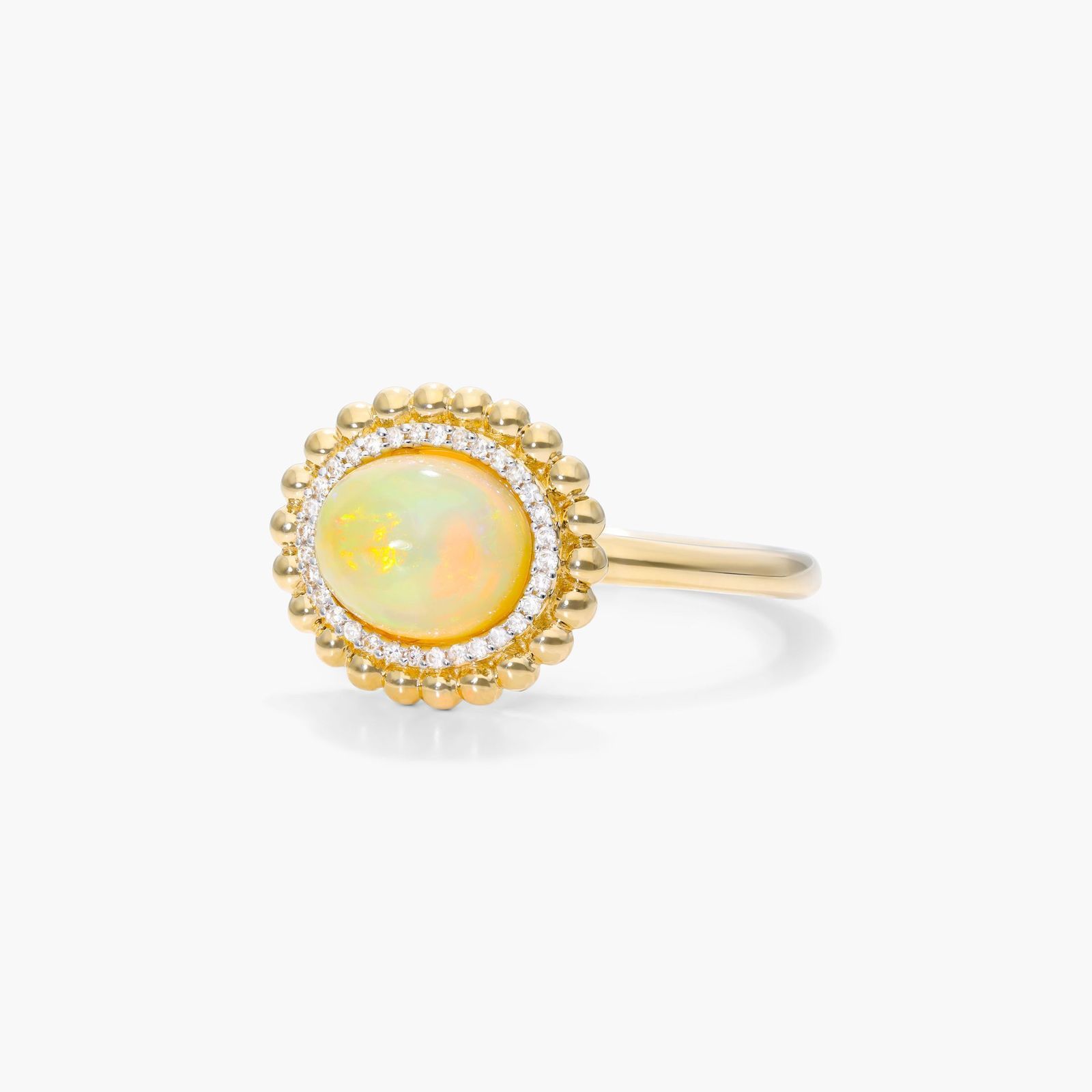 Opal And Diamond Beaded Double Halo Ring In 14K Yellow Gold