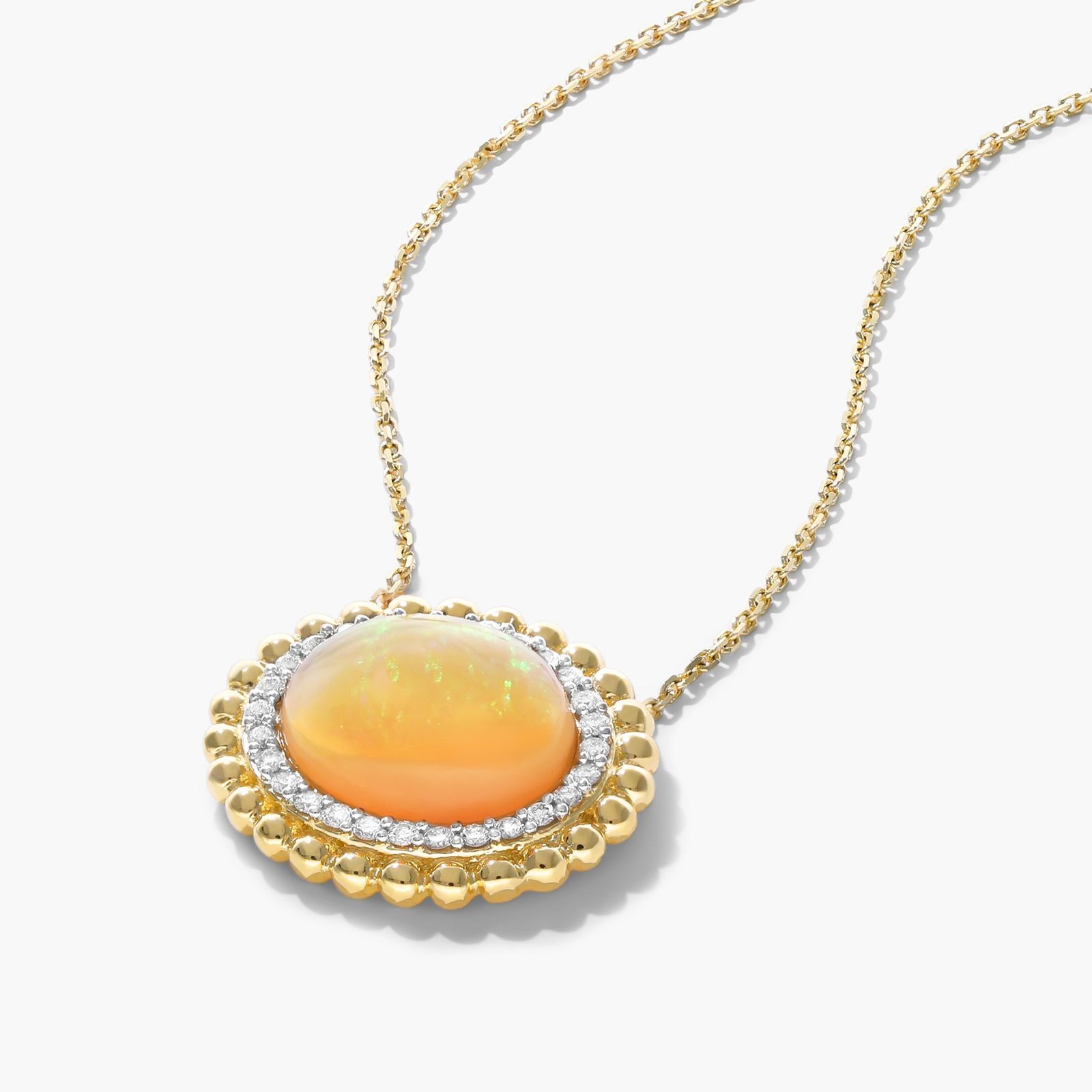 14K Yellow Gold Beaded Double Halo Opal and Diamond Necklace (12.0x10.0mm)