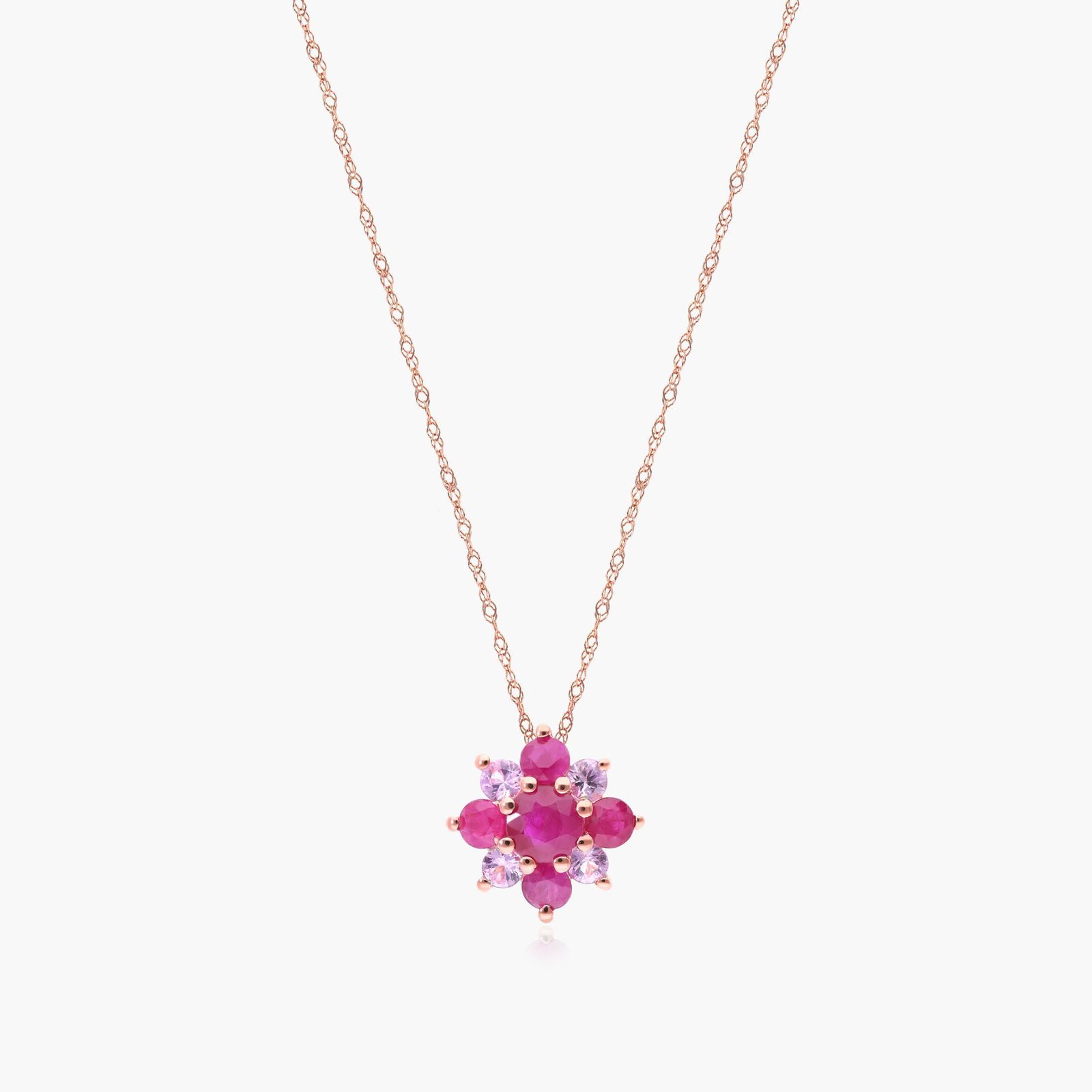 14K Rose Gold Ruby and Pink Sapphire Flower Cluster Pendant-8309307r14