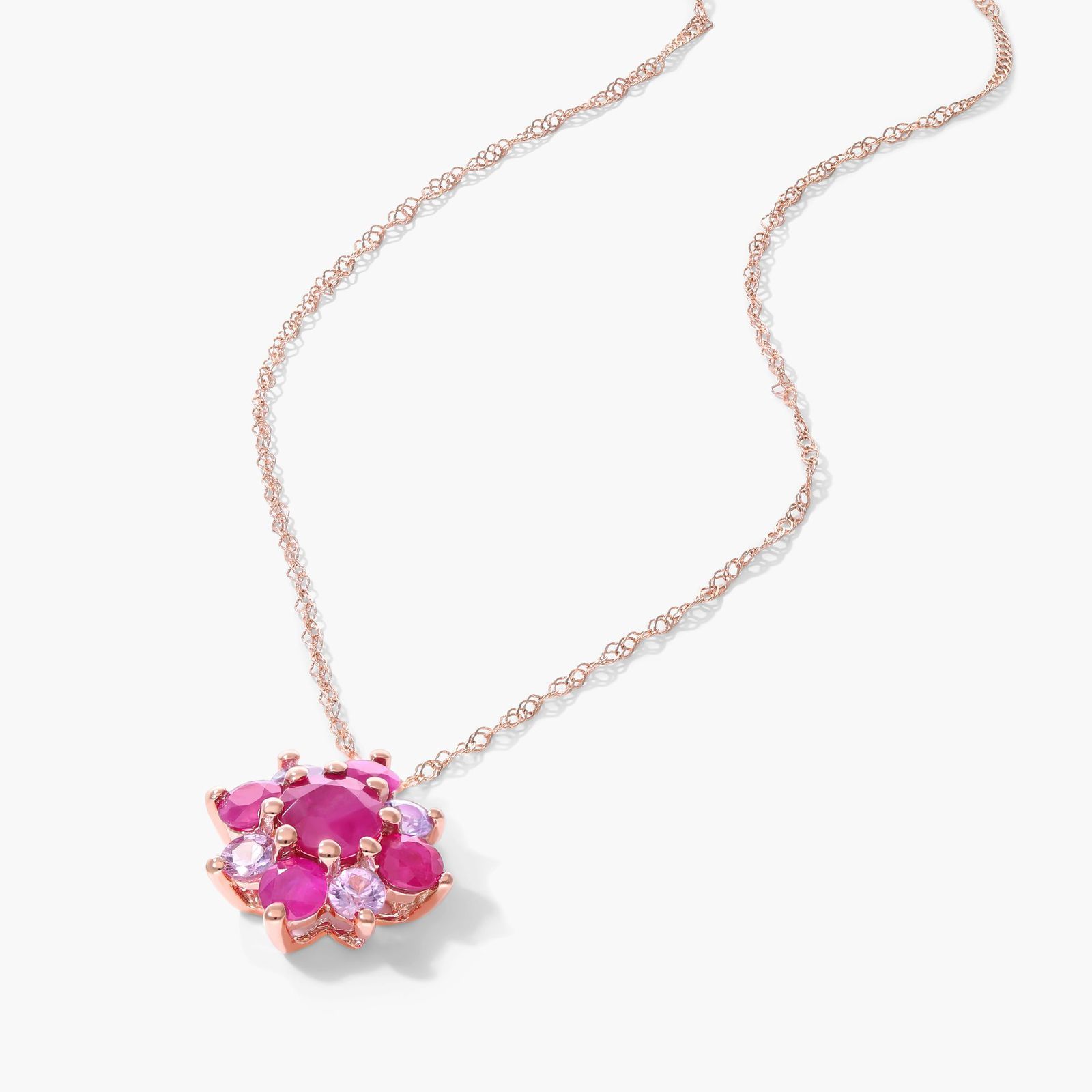 14K Rose Gold Ruby and Pink Sapphire Flower Cluster Pendant