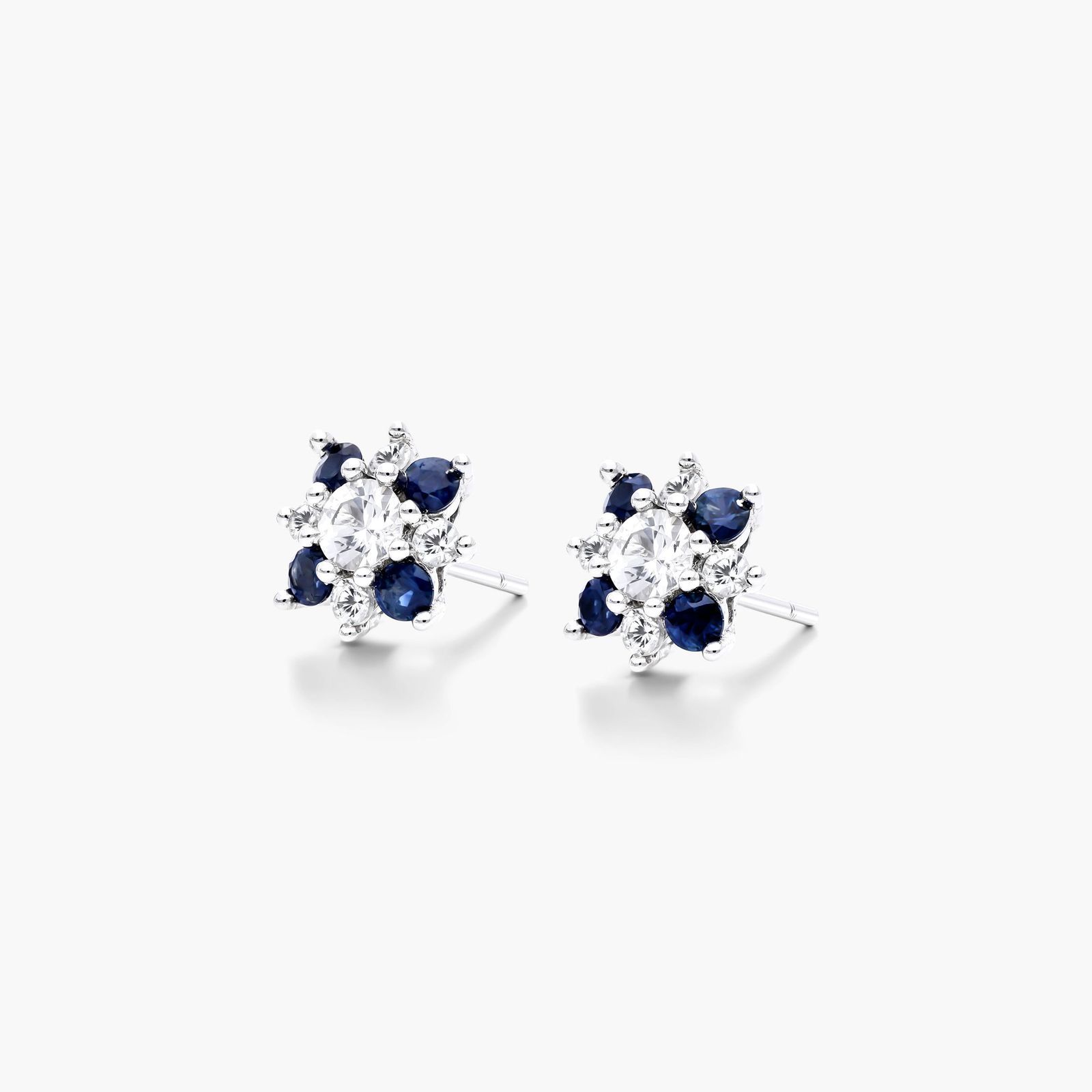 14K White Gold Blue and White Sapphire Flower Cluster Earrings