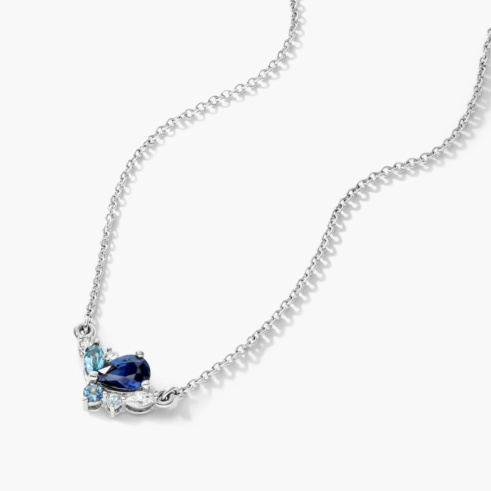 14K White Gold Sapphire, Blue Zircon and Diamond Cluster Necklace