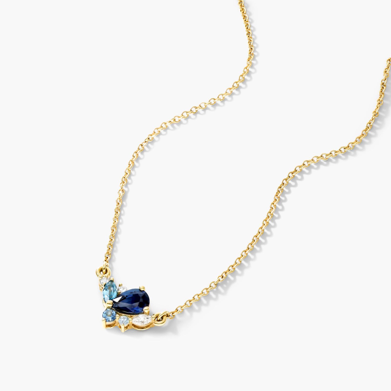 14K Yellow Gold Sapphire, Blue Zircon and Diamond Cluster Necklace