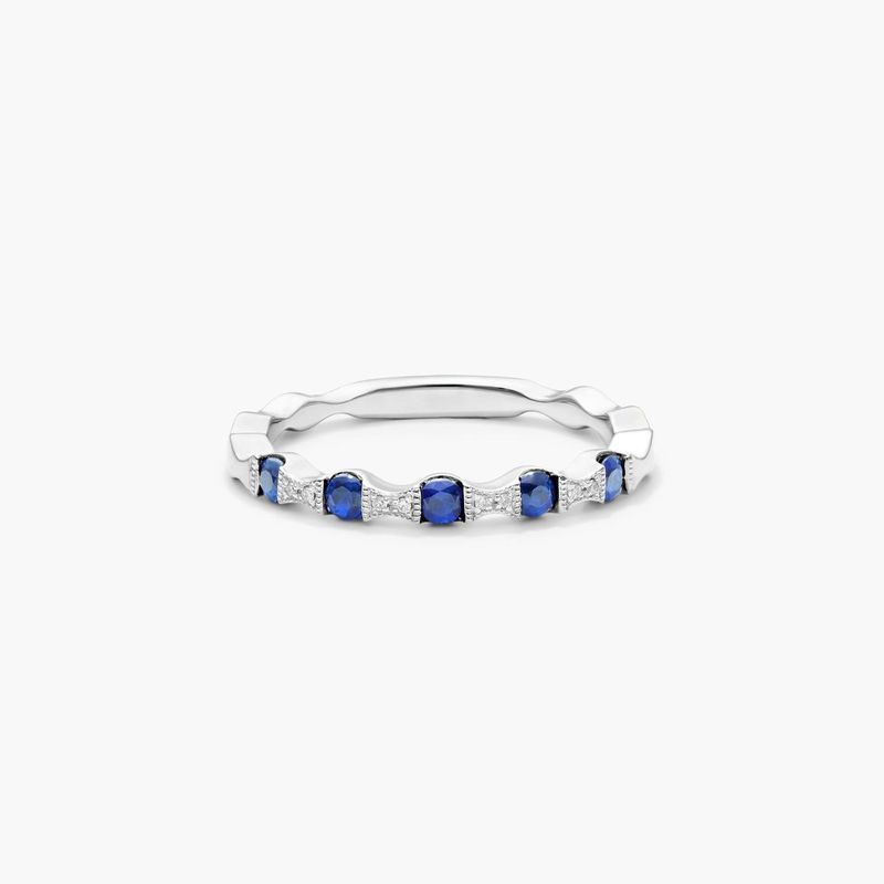Vintage Bow Tie Shaped Stations Alternating Sapphire And Diamond Ring In 14K White Gold
