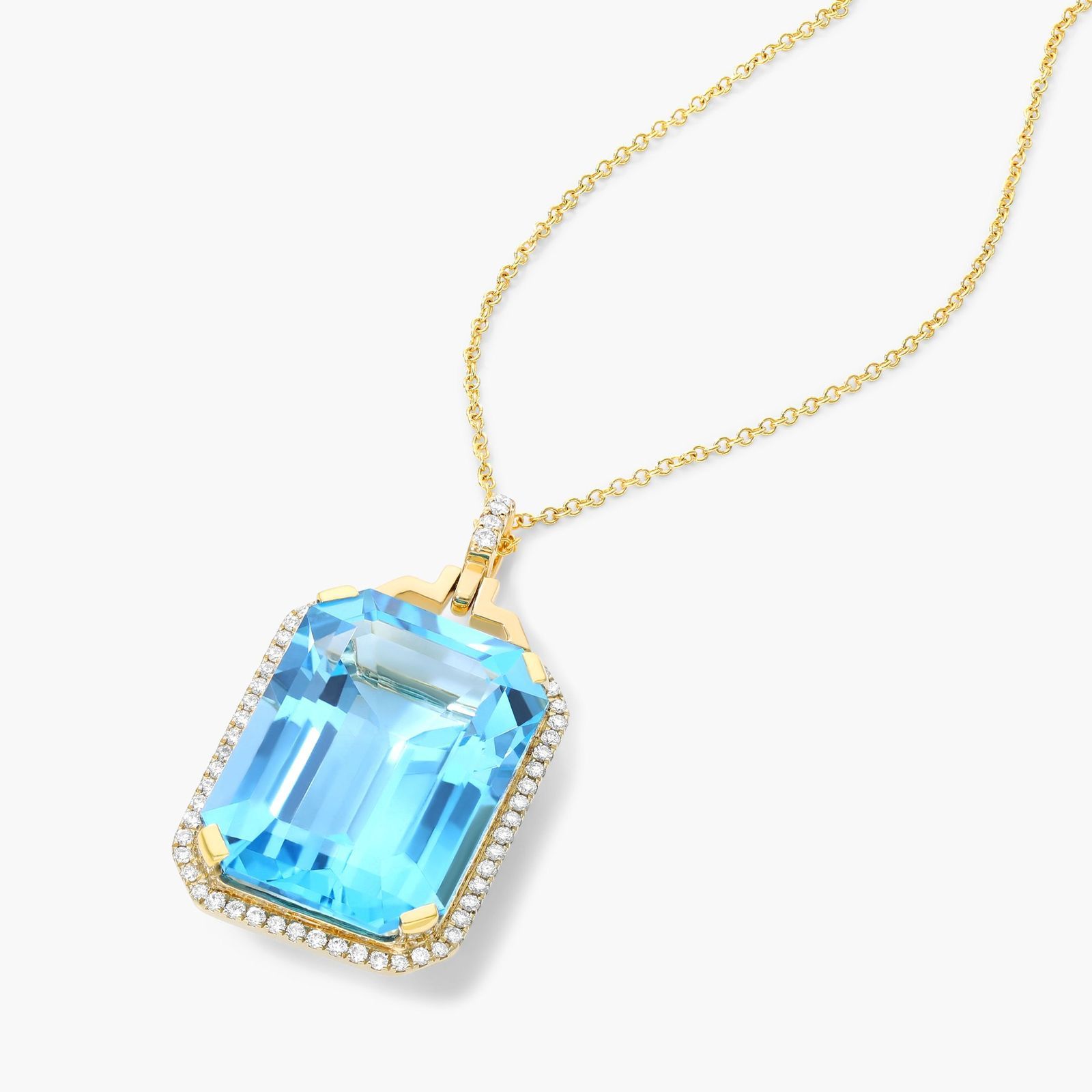 18K Yellow Gold Emerald Cut Blue Topaz and Diamond Necklace (15.0x20.0mm)