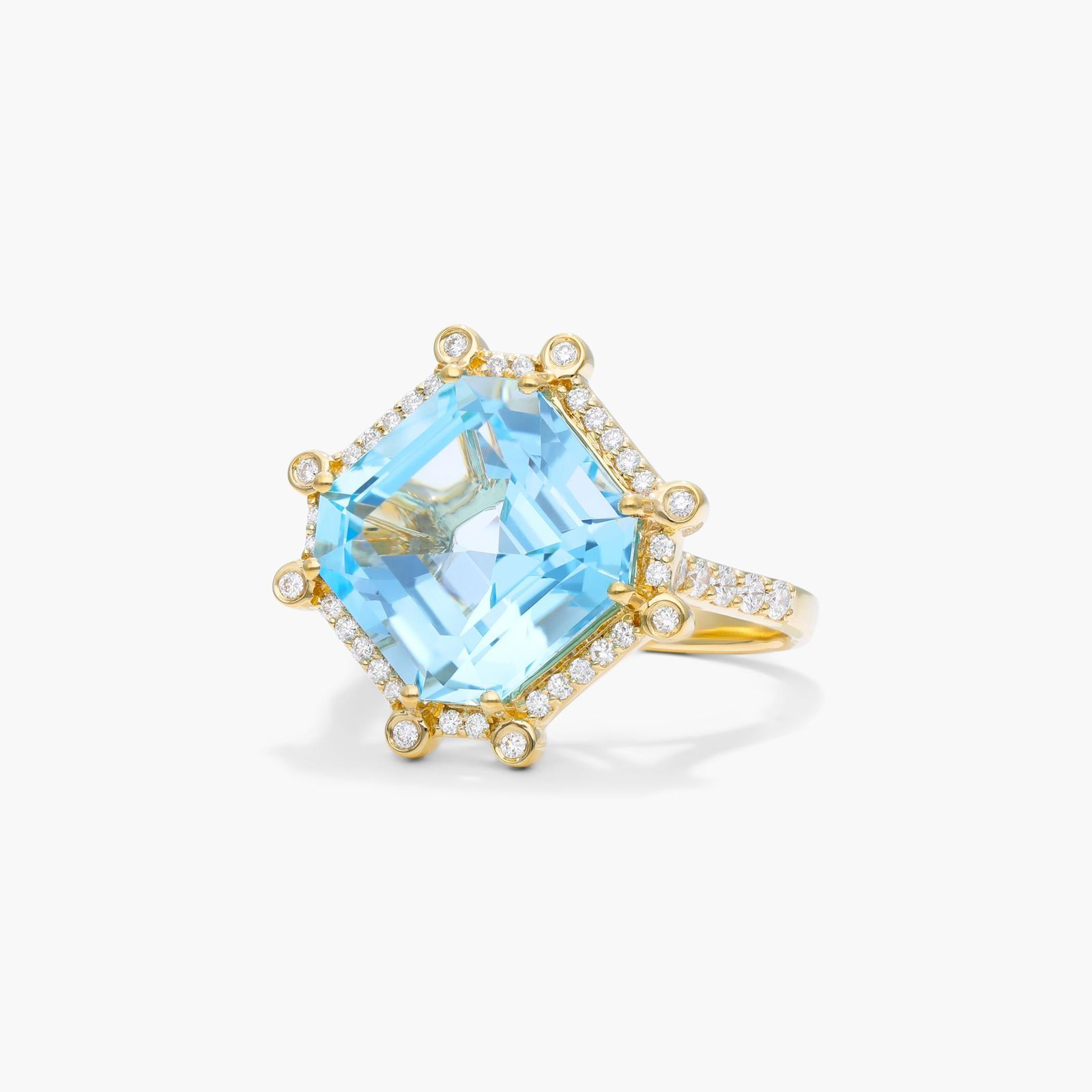 18K Yellow Gold Octagon Blue Topaz and Diamond Ring (12.0x12.0mm)