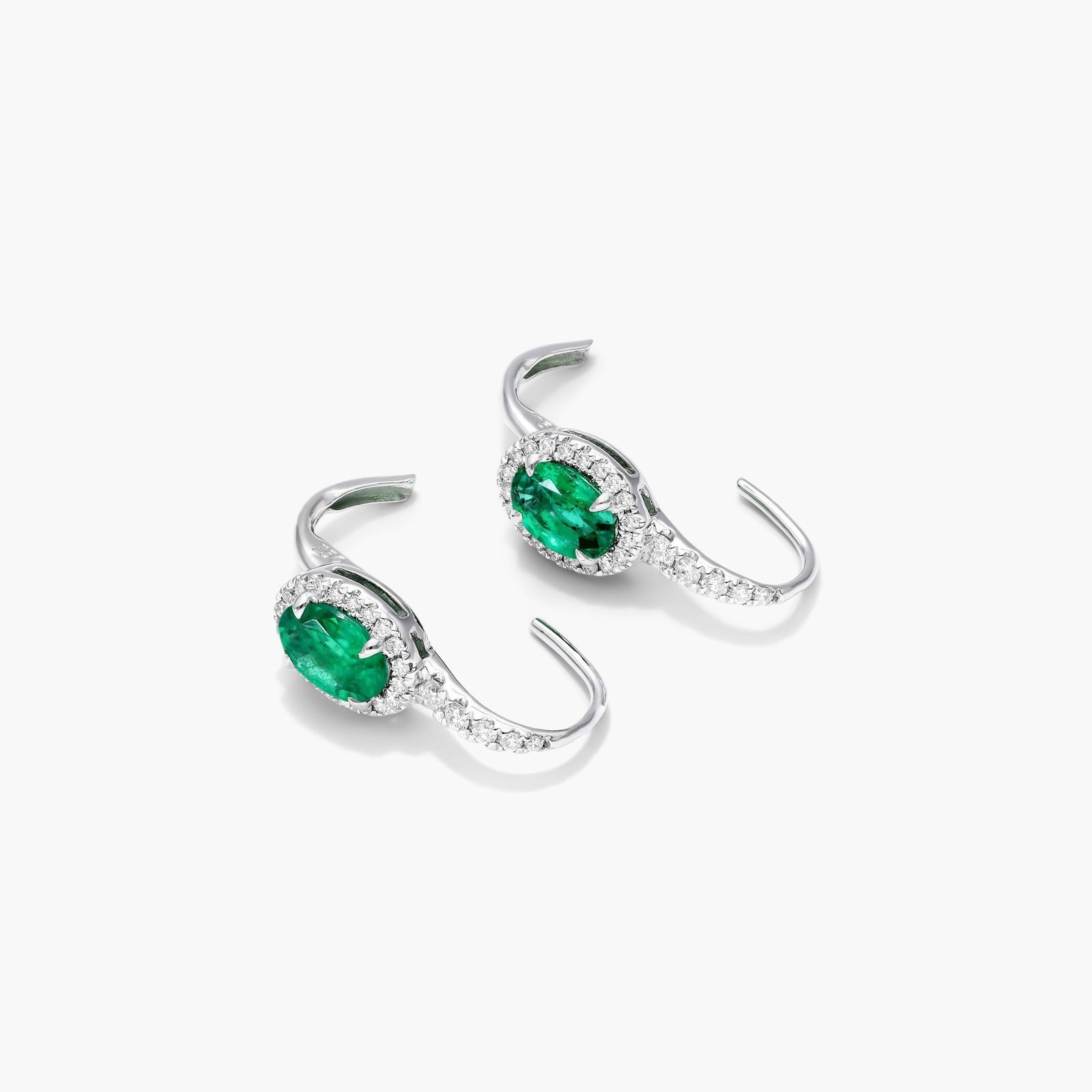 Petite Oval Cut Emerald And Diamond Halo Drop Earrings In 18K White Gold