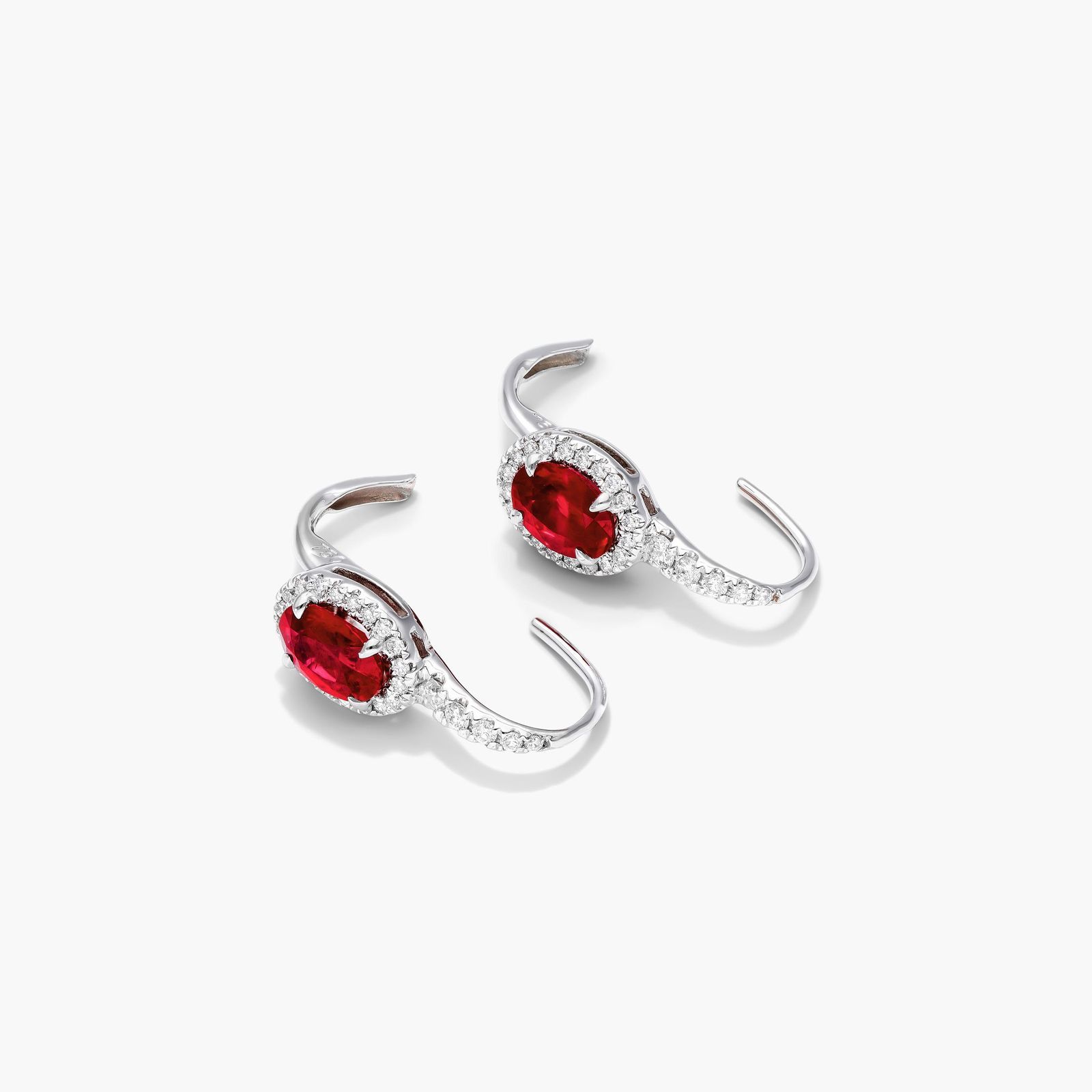 Petite Oval Cut Ruby And Diamond Halo Drop Earrings In 18K White Gold